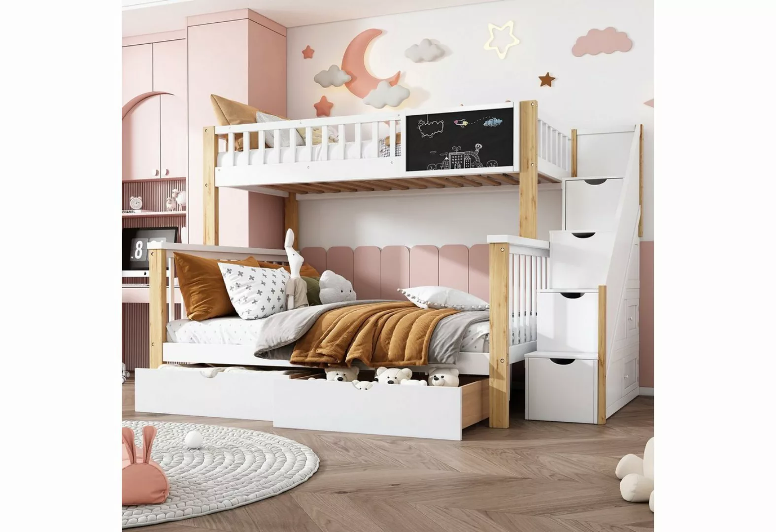 Flieks Etagenbett, Kinderbett mit Tafel Treppe Schubladen 90x200cm+140x200c günstig online kaufen