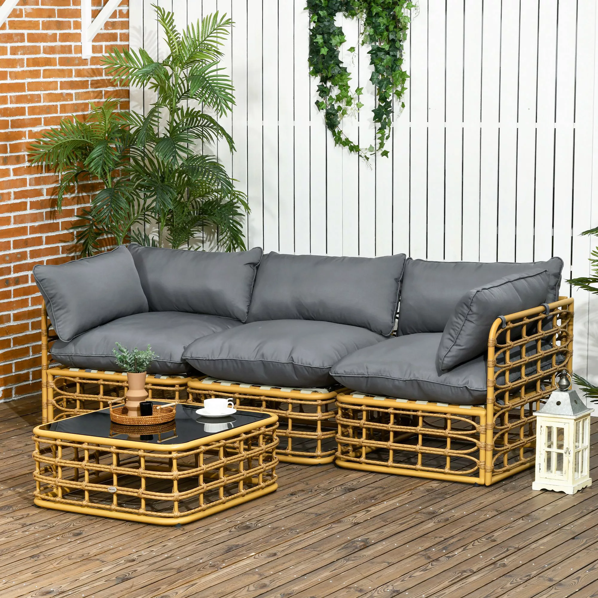 Outsunny 4 tlg Rattan Gartenmöbel-Set Sitzgruppe mit 3 Sofas Hocker Beistel günstig online kaufen