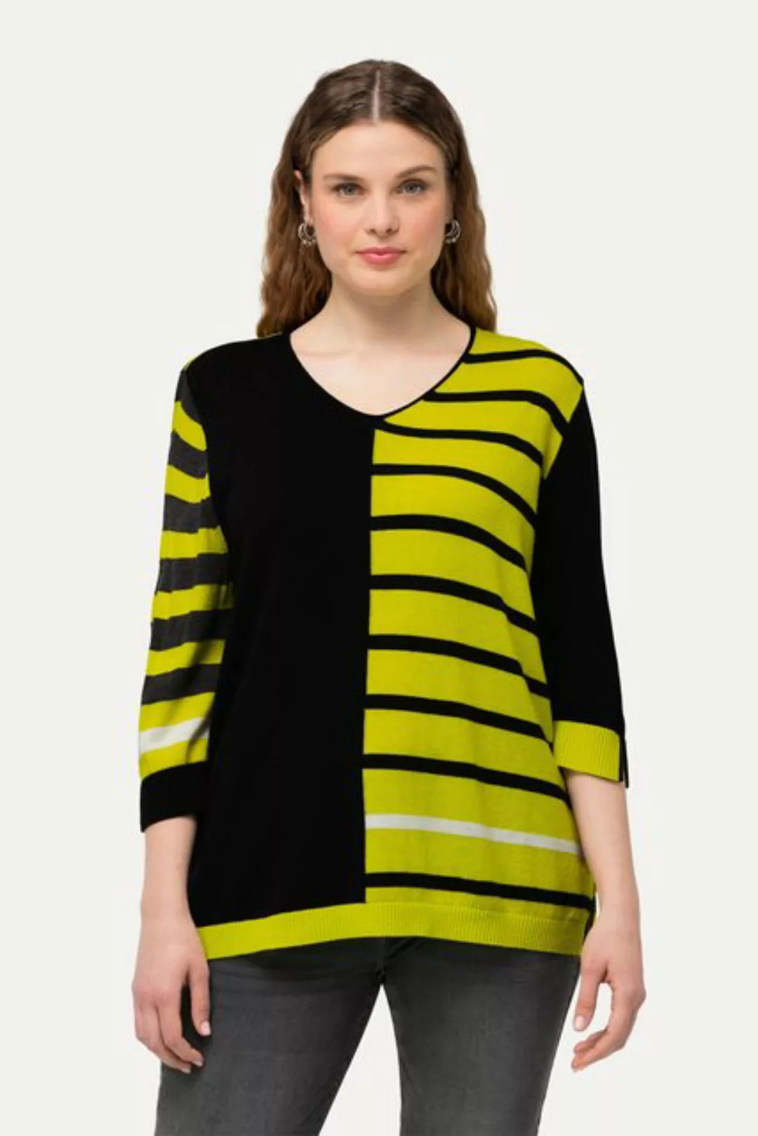 Ulla Popken Strickpullover Pullover Colorblocking V-Ausschnitt 3/4-Arm günstig online kaufen