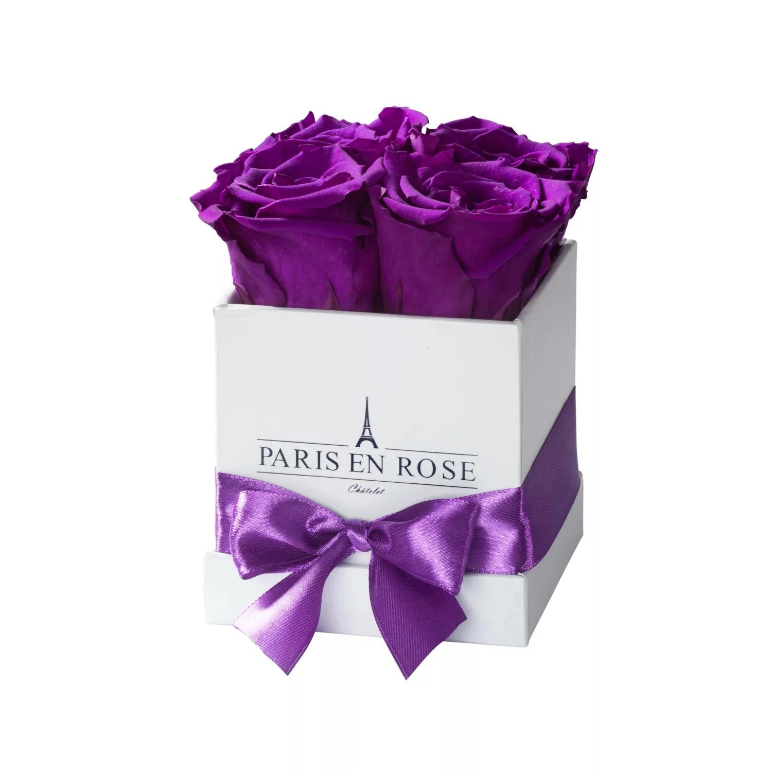 Rosenbox eckig Weiß mit Schleife und 4 Violetten Rosen günstig online kaufen