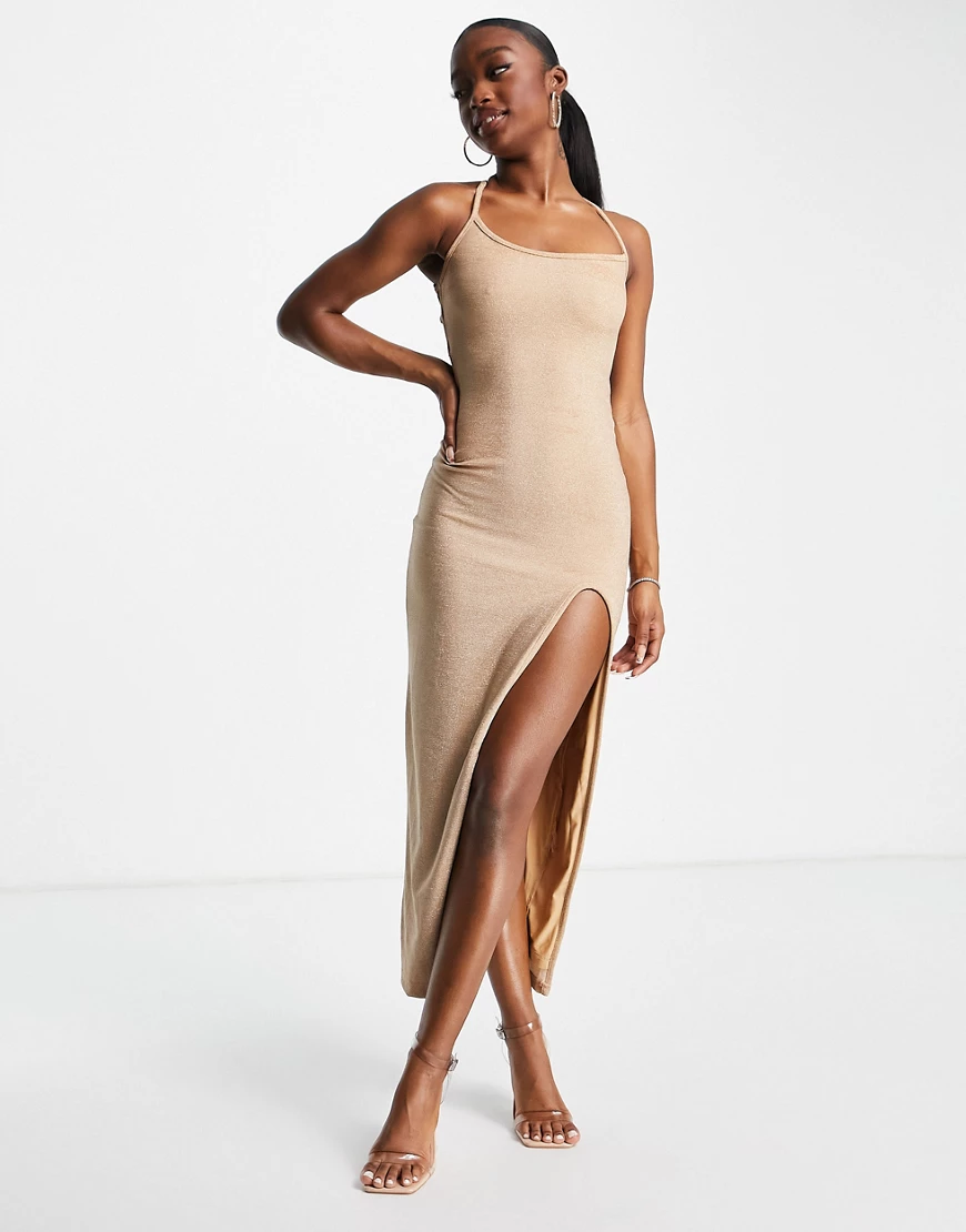 Simmi – Maxikleid aus Strick in Gold glitzernd mit Beinschlitz-Goldfarben günstig online kaufen