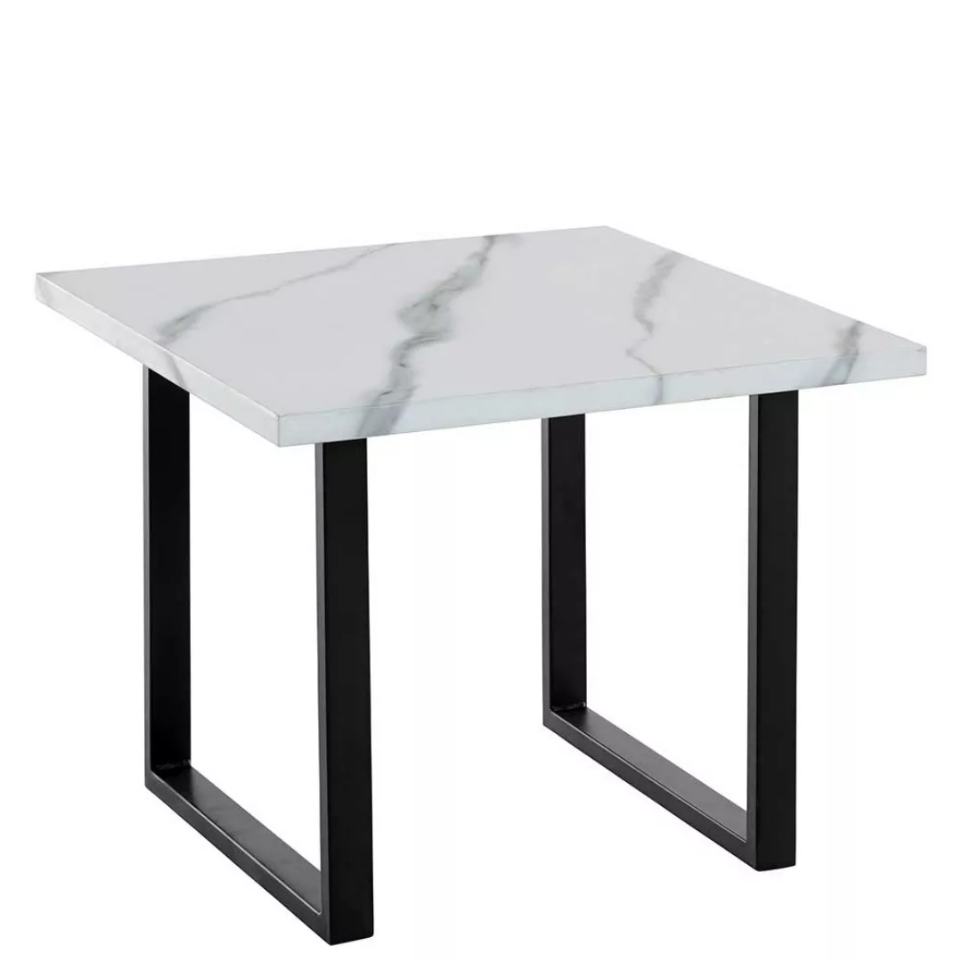 Sofa Tisch mit Bügelgestell Weiß Marmor Optik und Schwarz günstig online kaufen