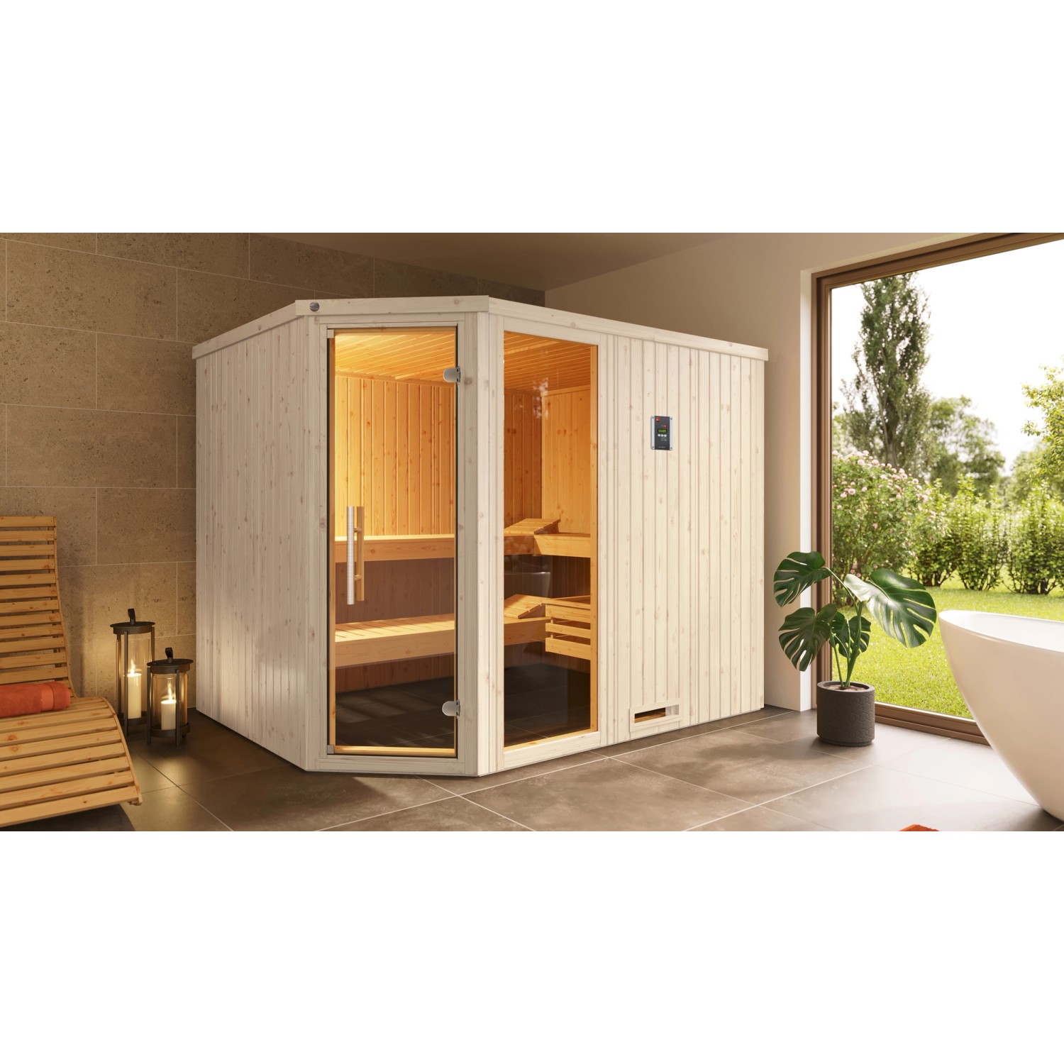 Weka Elementsauna Varberg Trend 4 Weiß Sparset 9 kW BioS Glastür/Fenster günstig online kaufen