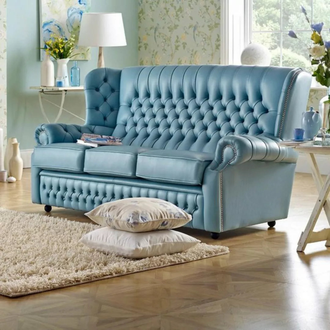 Xlmoebel Sofa Traditionelles Ledersofa mit Polsterung für 3 Personen - Blau günstig online kaufen