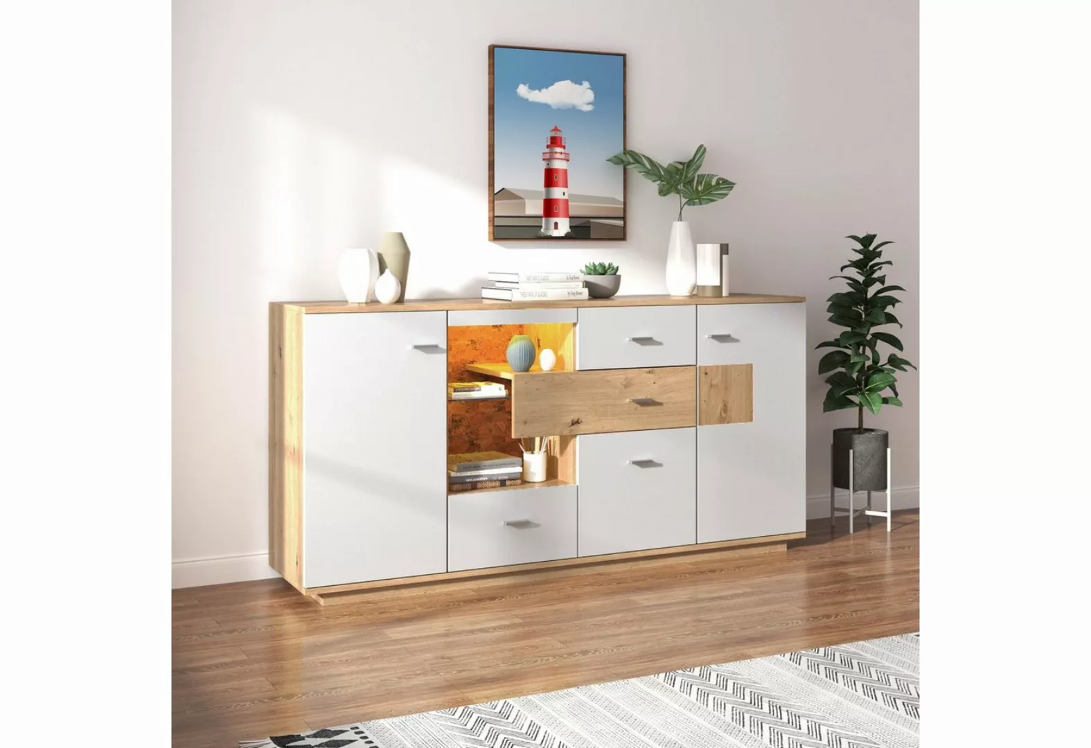 Odikalo TV-Schrank Sideboard Schrank LED 2 Türen 4 Schubladen, Glasablage, günstig online kaufen