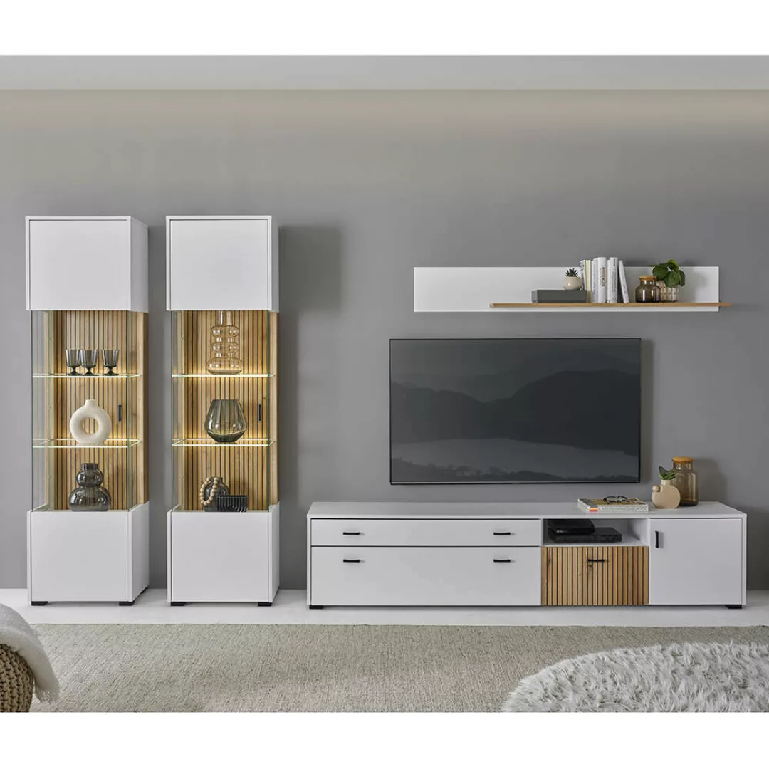 Wohnwand 4-teilig mit Lowboard 200cm weiß matt Eiche gerillt HUNTER-61 günstig online kaufen