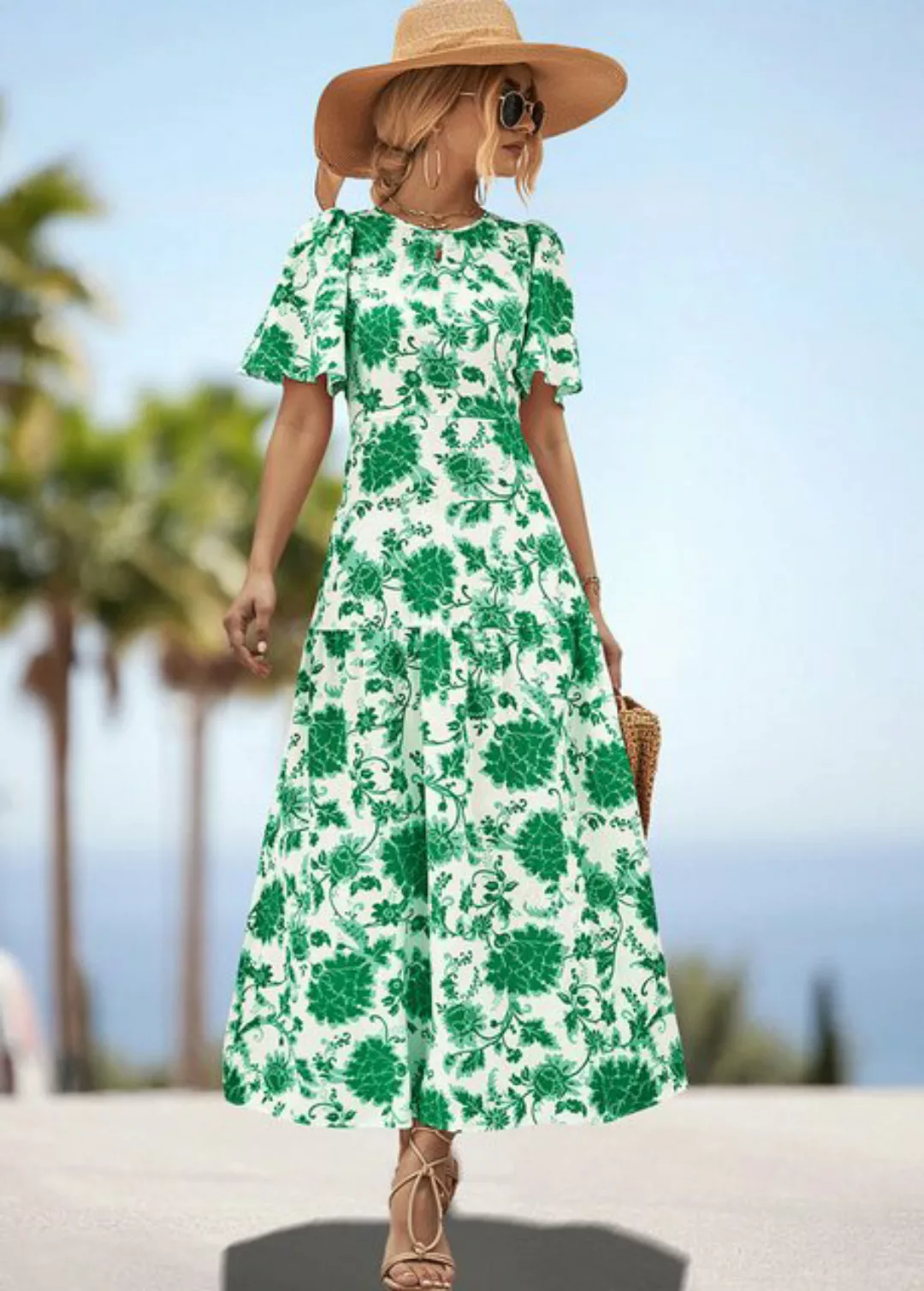 BlauWave Strandkleid Sommerkleid mit bunten Blumen und Blättern bedruckt (1 günstig online kaufen