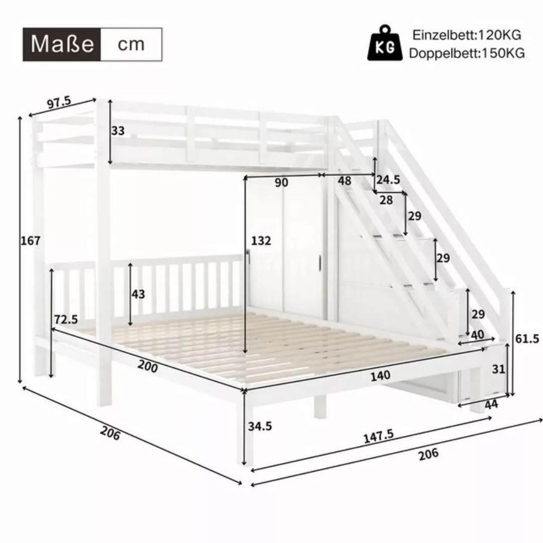 Flieks Etagenbett, Kinderbett 90x200cm+140x200cm mit Stauraumtreppe und Kle günstig online kaufen