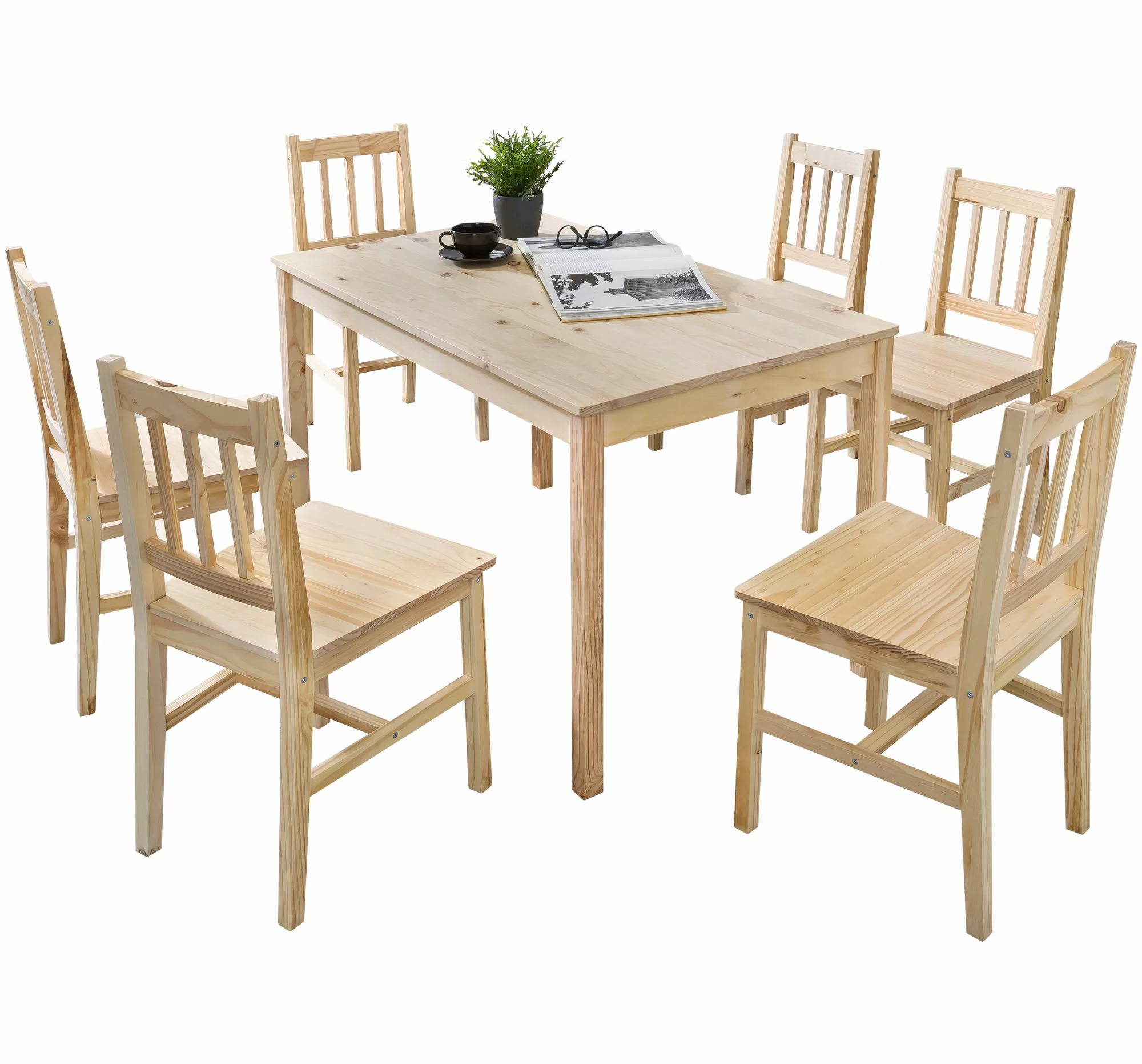 Esszimmer-Set 7 teilig Kiefer-Holz Landhaus-Stil 120 x 73 x 70 cm | Natur E günstig online kaufen