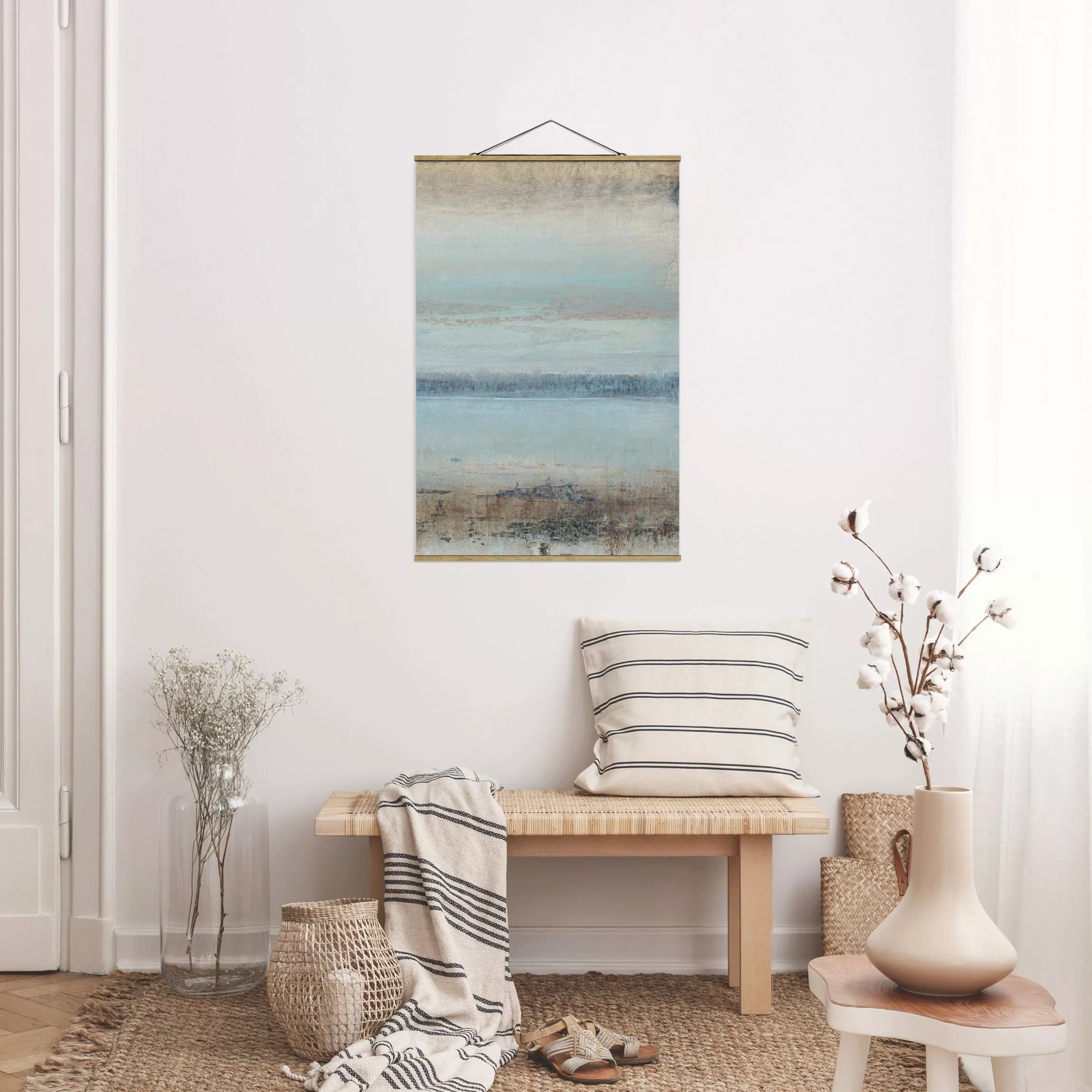 Stoffbild Abstrakt mit Posterleisten - Hochformat Horizont über Blau II günstig online kaufen