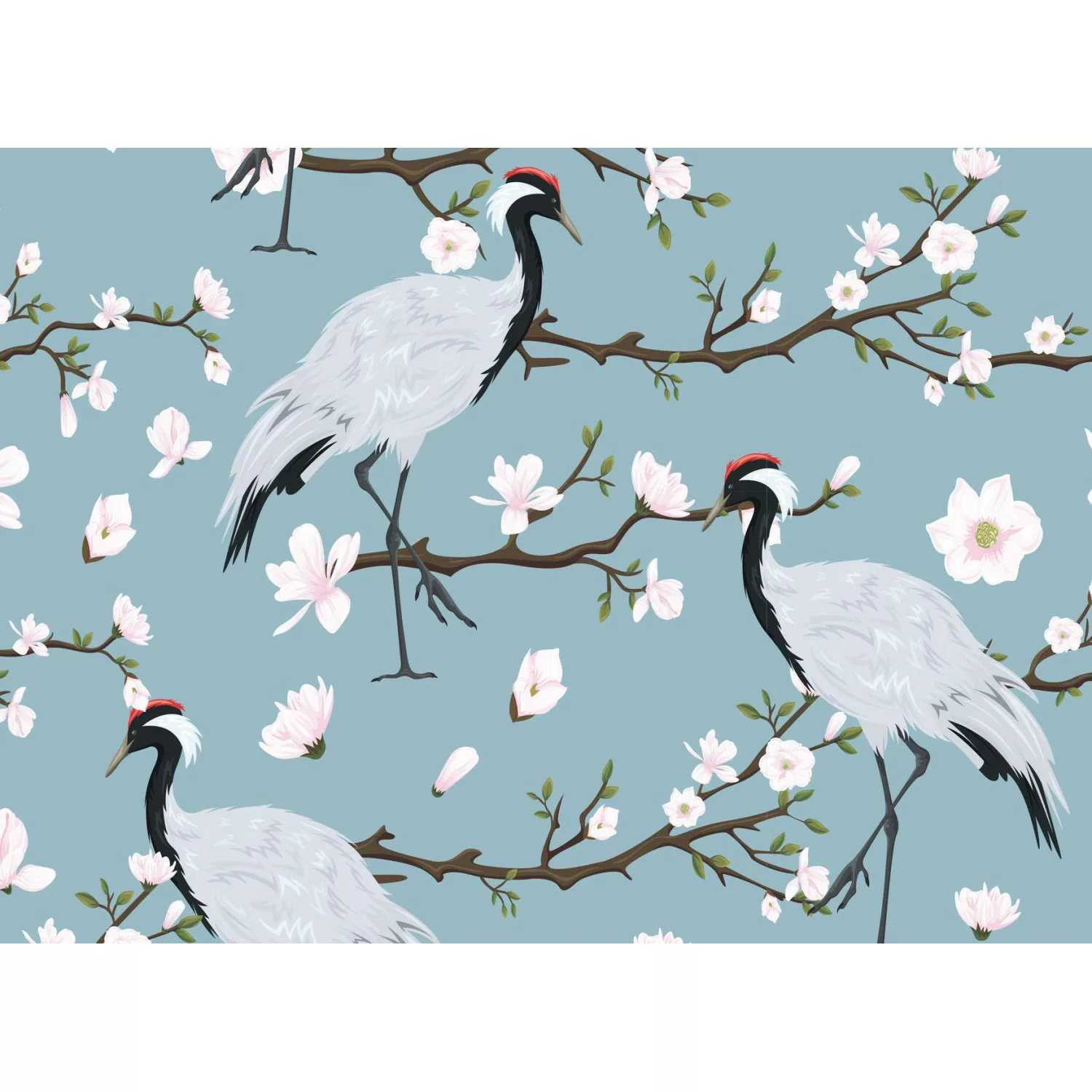 Fototapete Blumen Vögel Japan Kranich Weiß Blau 3,50 m x 2,55 m FSC® günstig online kaufen