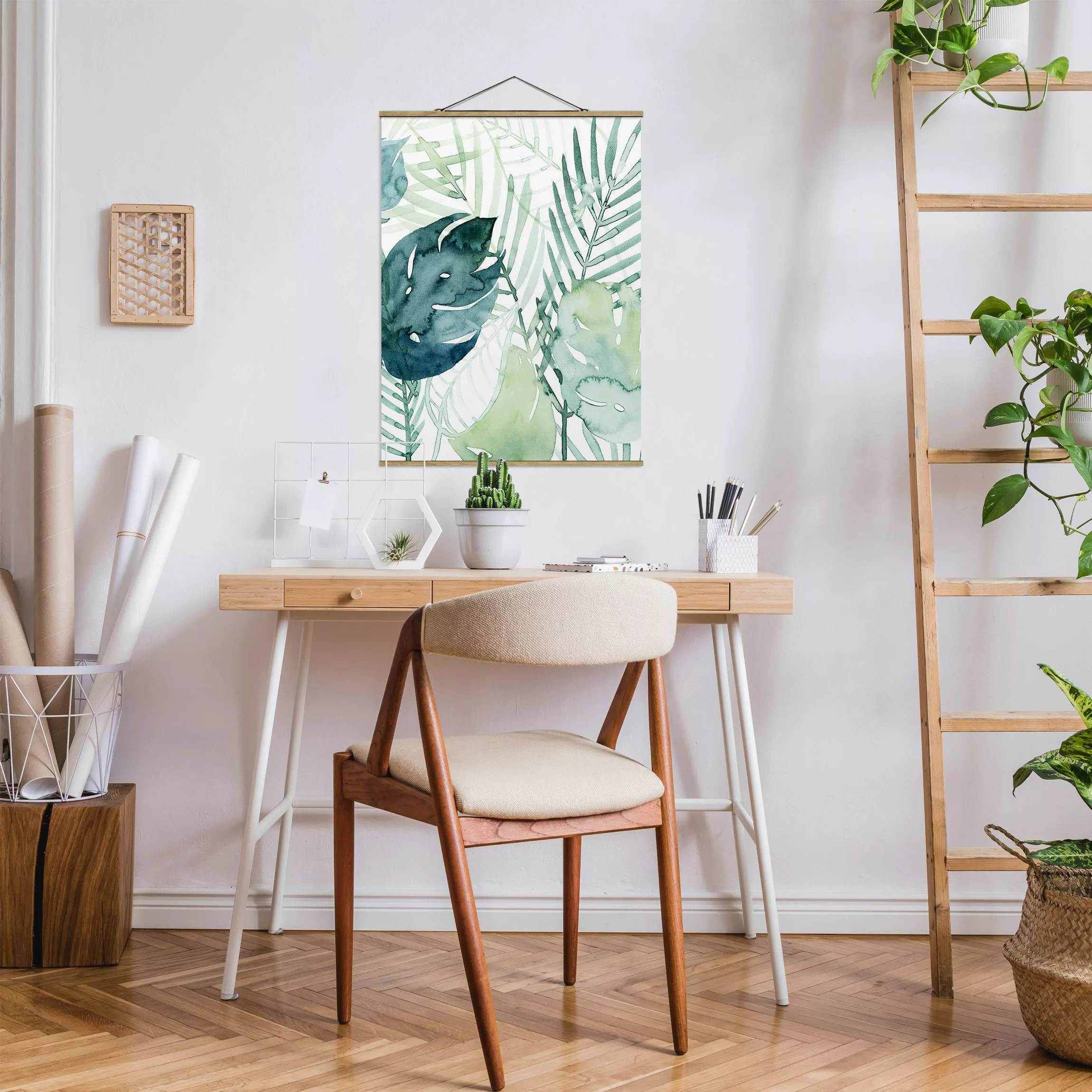 Stoffbild Blumen mit Posterleisten - Hochformat Palmwedel in Wasserfarbe I günstig online kaufen