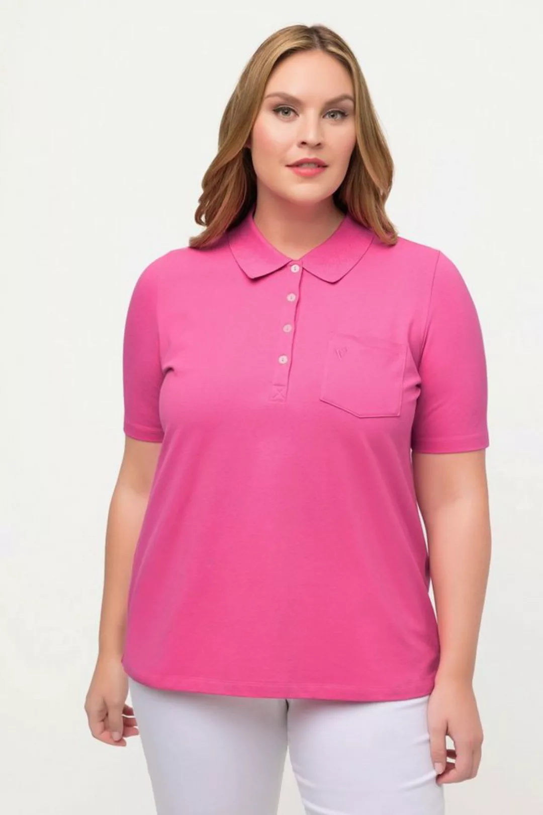 Ulla Popken Rundhalsshirt Poloshirt Ajour-Rhomben Polokragen Halbarm günstig online kaufen