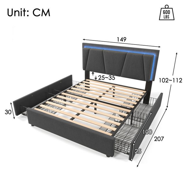 HT Bett Polsterbett mit LED-Beleuchtung und 4 Schubladen (Doppelbett 140x20 günstig online kaufen
