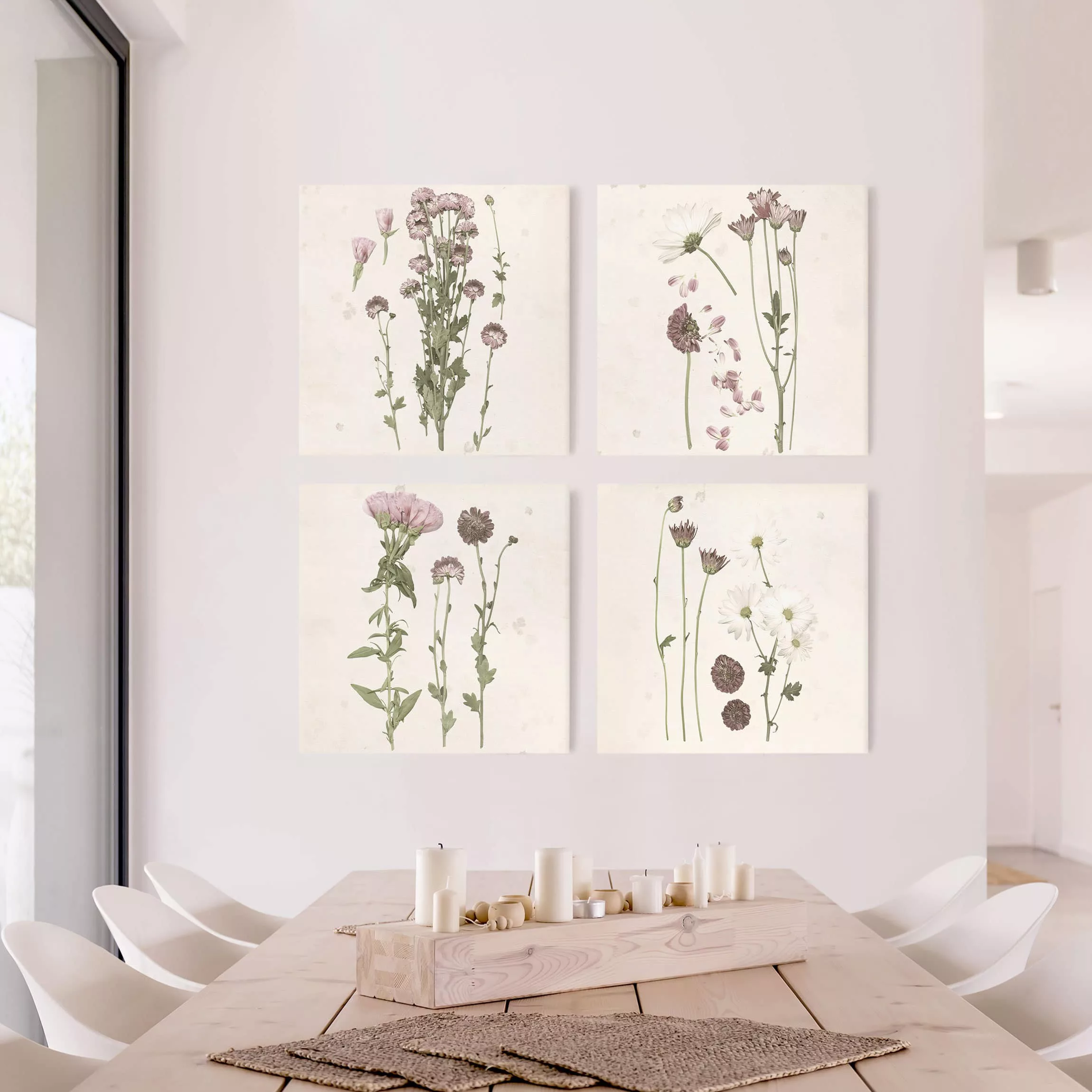 4-teiliges Leinwandbild Botanik - Quadrat Herbarium in rosa Set I günstig online kaufen