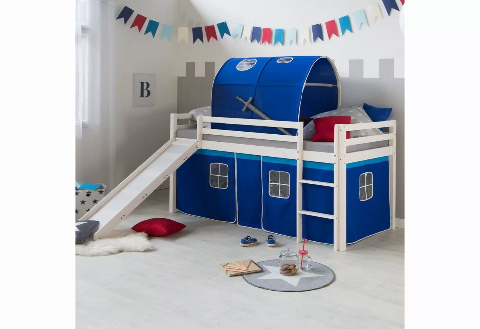 Homestyle4u Hochbett 90x200 mit Vorhang Stockbett Kinderbett Holz Weiß Blau günstig online kaufen