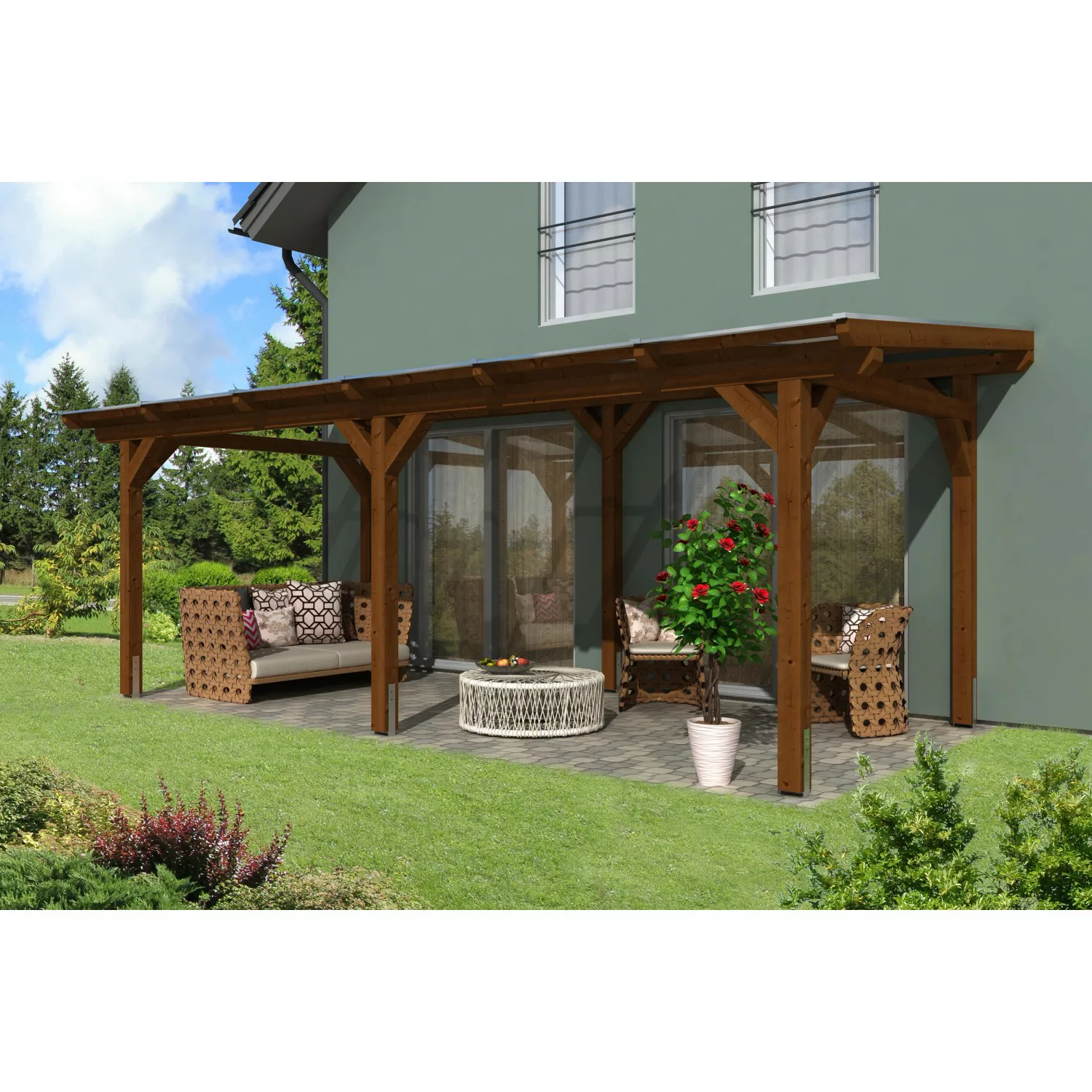 Skan Holz Terrassenüberdachung Siena 648 x 250 cm Leimholz Nussbaum günstig online kaufen