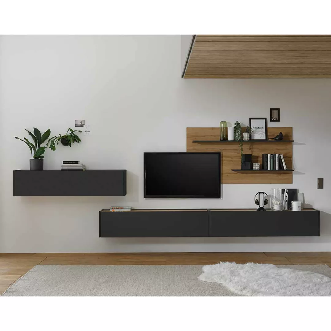 Moderne TV Wohnwand in Anthrazit und Wildeiche Optik 450 cm breit (vierteil günstig online kaufen