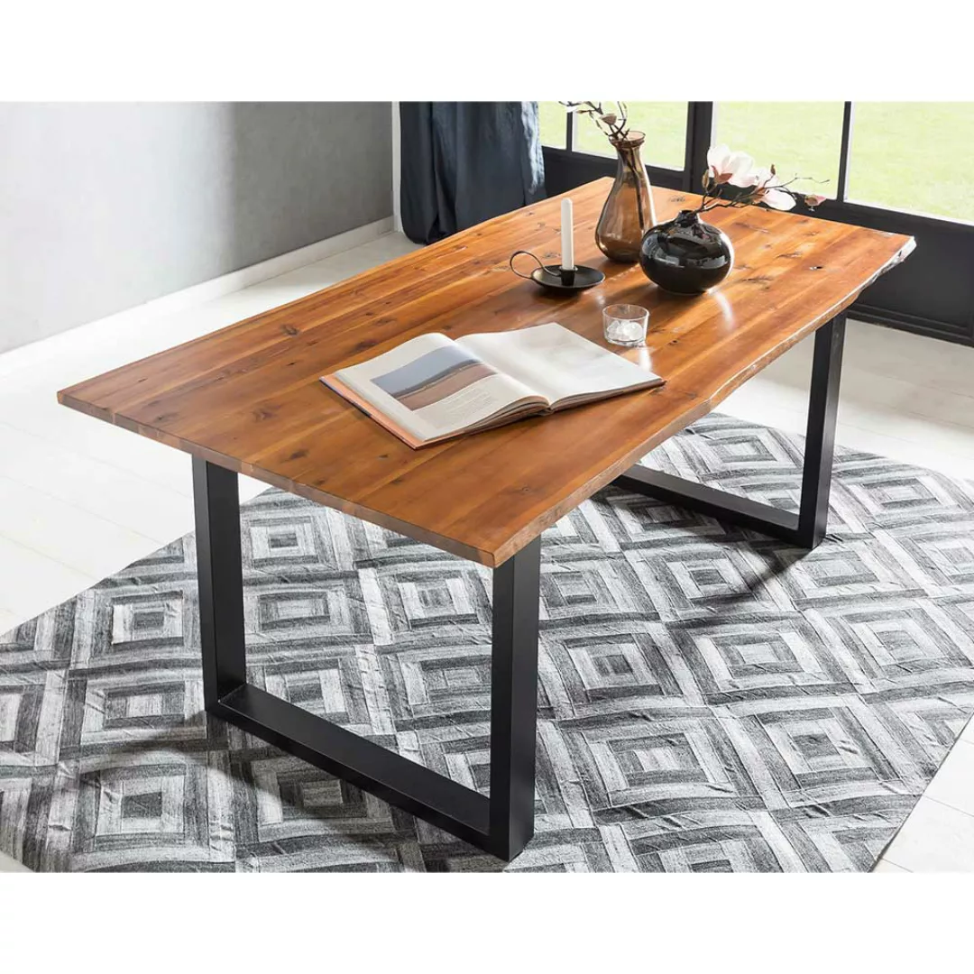 Baumkanten Tisch in Akaziefarben und Schwarz Massivholz und Stahl günstig online kaufen