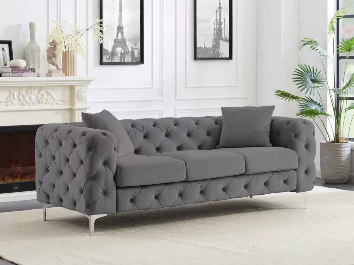 Chesterfield-Sofa mit 3 Sitzplätzen - Anthrazit - Samt - EDWINA günstig online kaufen