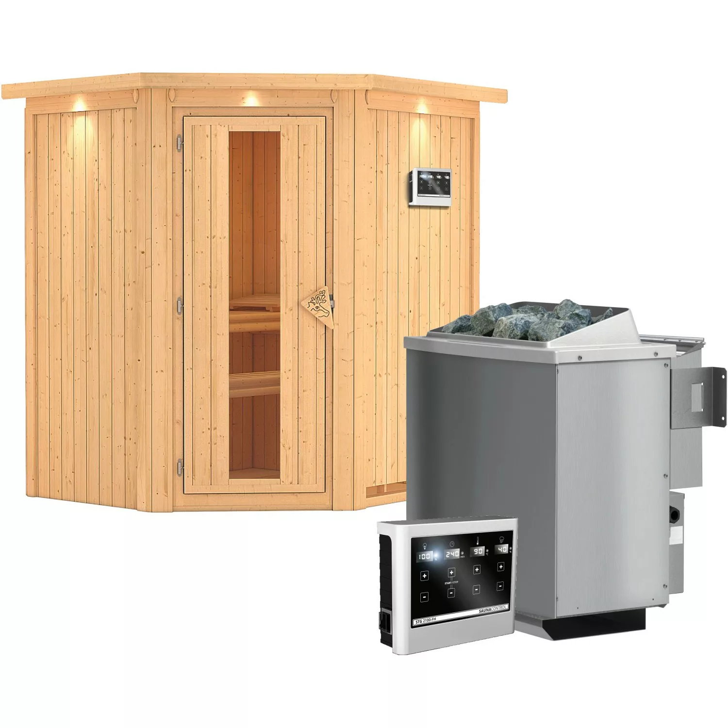 Karibu Sauna Tjorven + Bio-Ofen ext. Strg. Easy, Holz-Glastür, LED-Dachkran günstig online kaufen