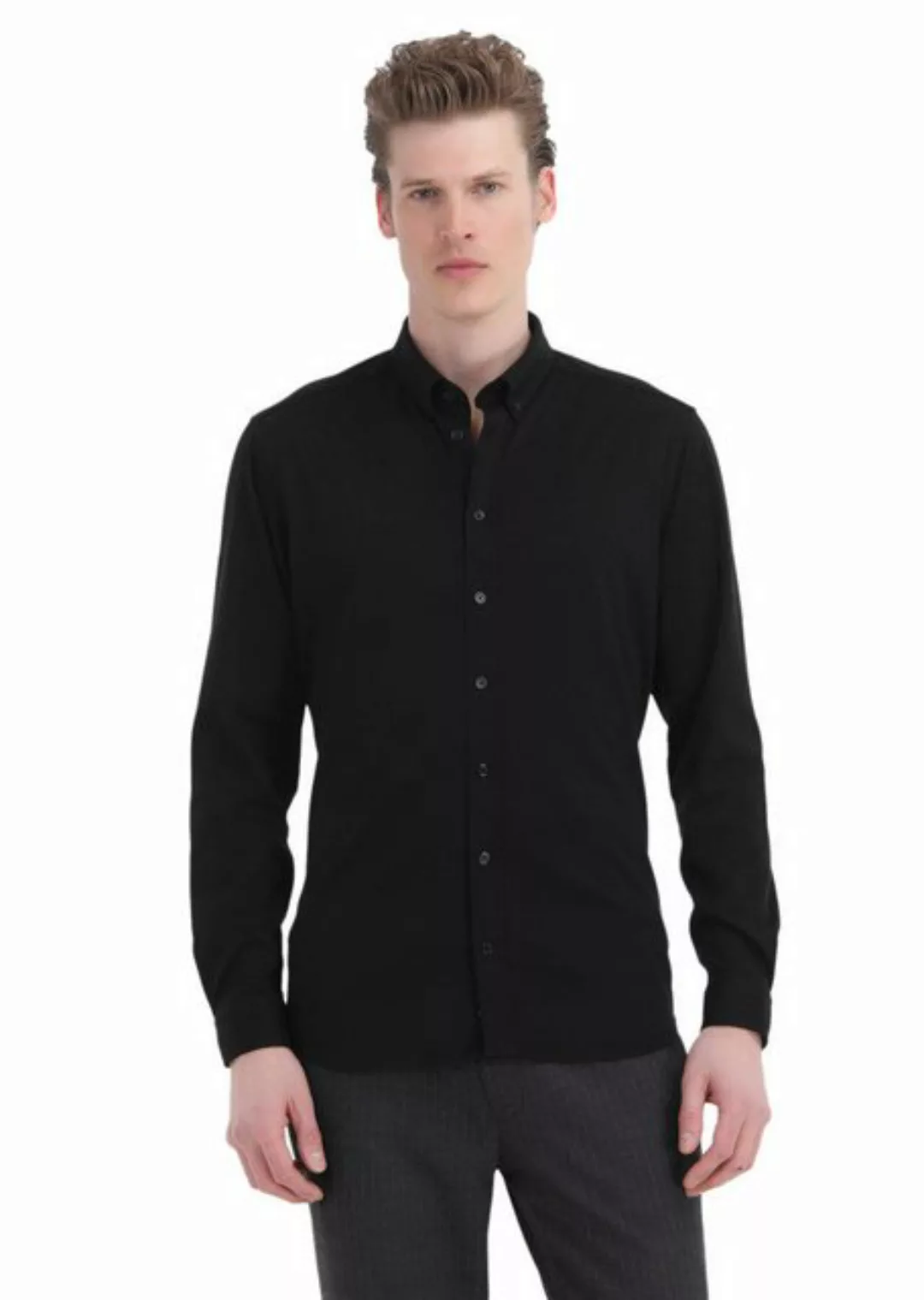 RAMSEY Langarmhemd Schwarzes Einfarbiges Slim Fit Strick Freizeit 100% Baum günstig online kaufen