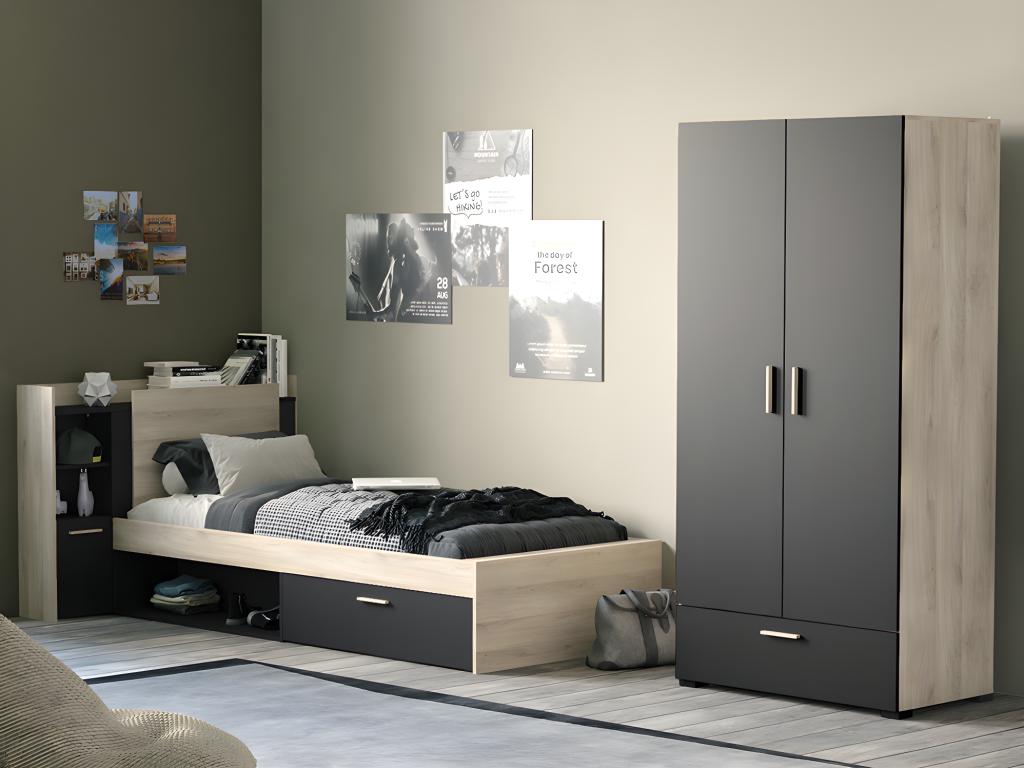 Bett mit Stauraum + Lattenrost - 90 x 190/200 cm - Schwarz & Holzfarben - M günstig online kaufen