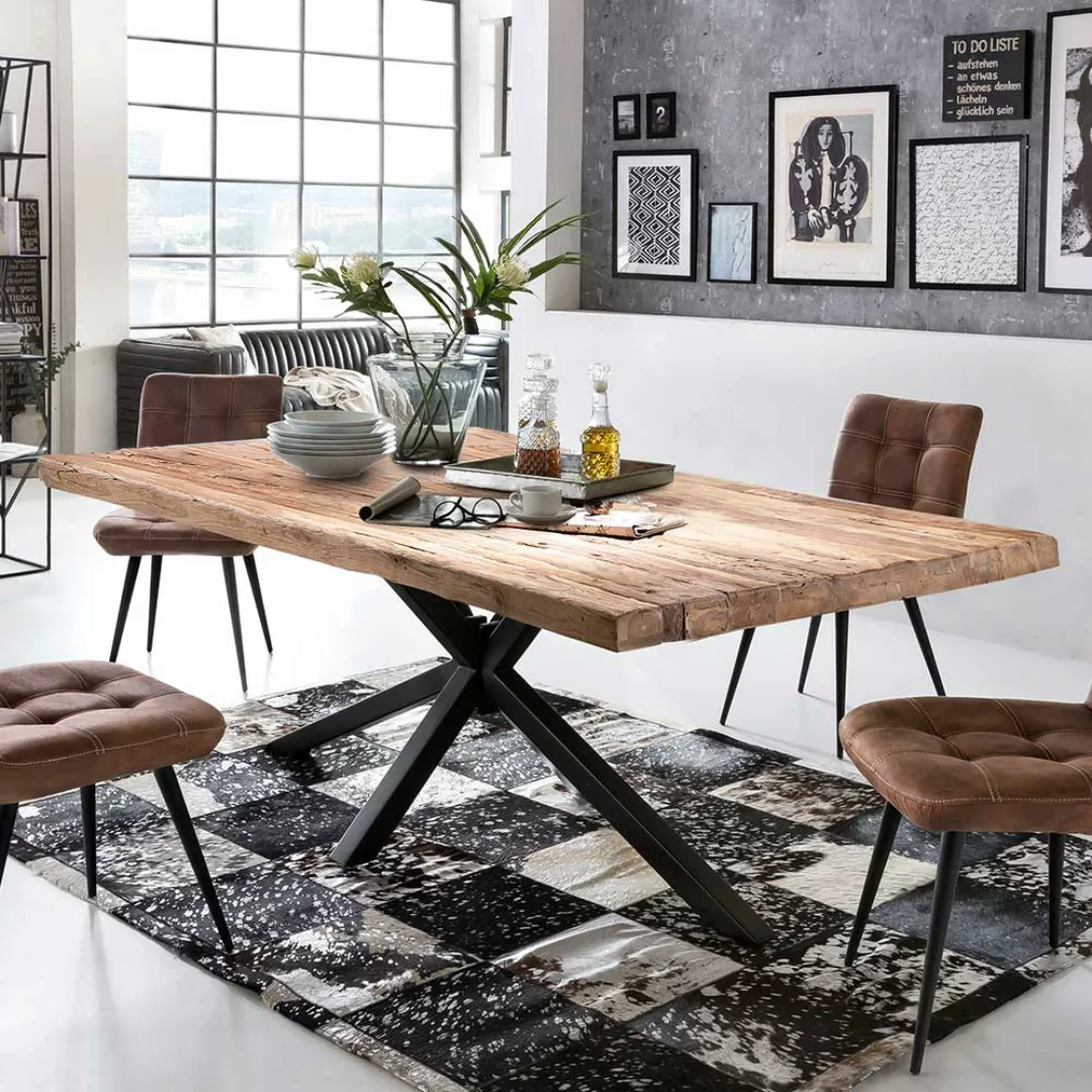 Tisch Esszimmer in Schwarz und Teakfarben Massivholzplatte günstig online kaufen