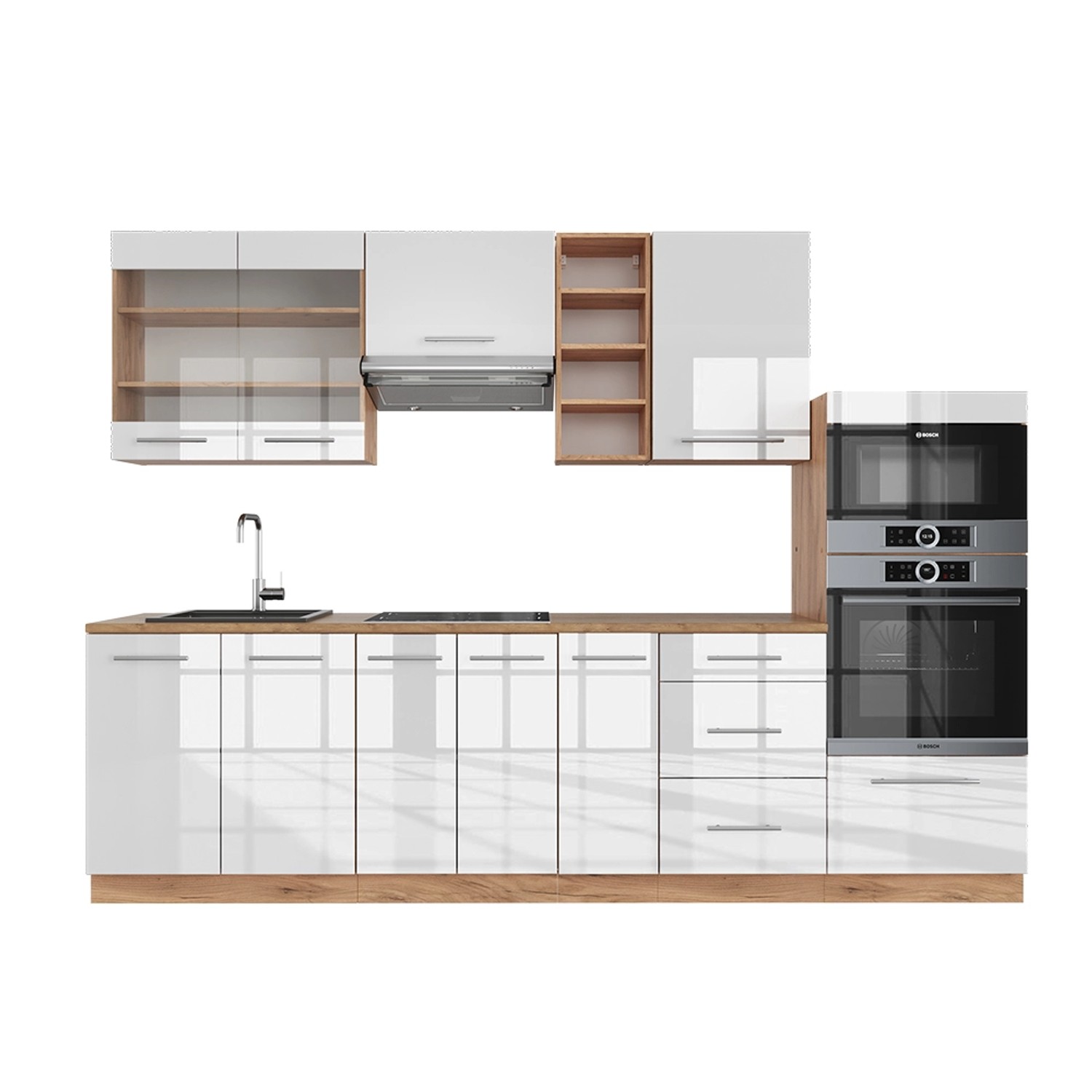 Vicco Fame-Line Küchenzeile Weiß Hochglanz/Goldkraft Eiche 280 cm AP Eiche günstig online kaufen