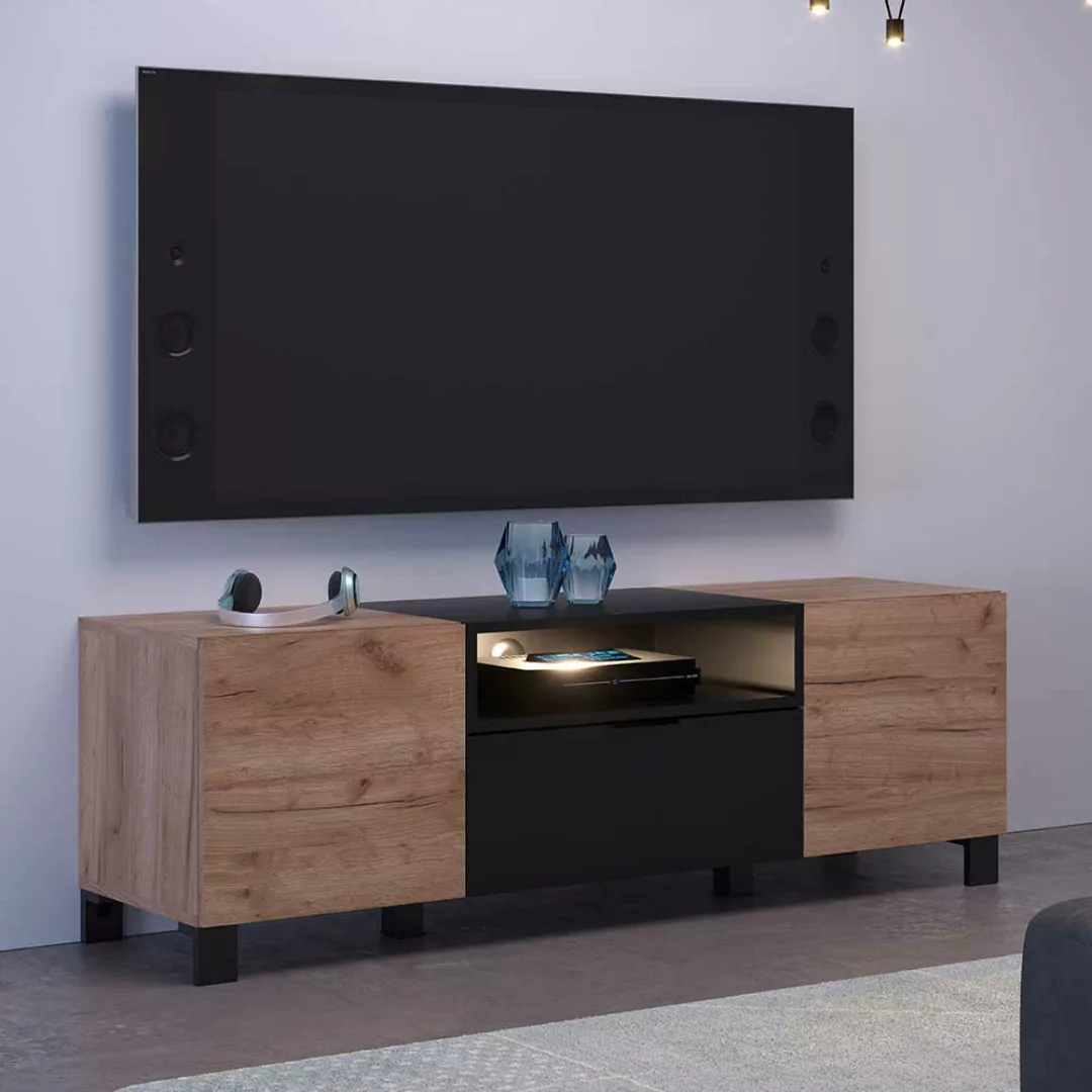Fernsehlowboard modern in Eiche dunkel und Schwarz 144 cm breit günstig online kaufen