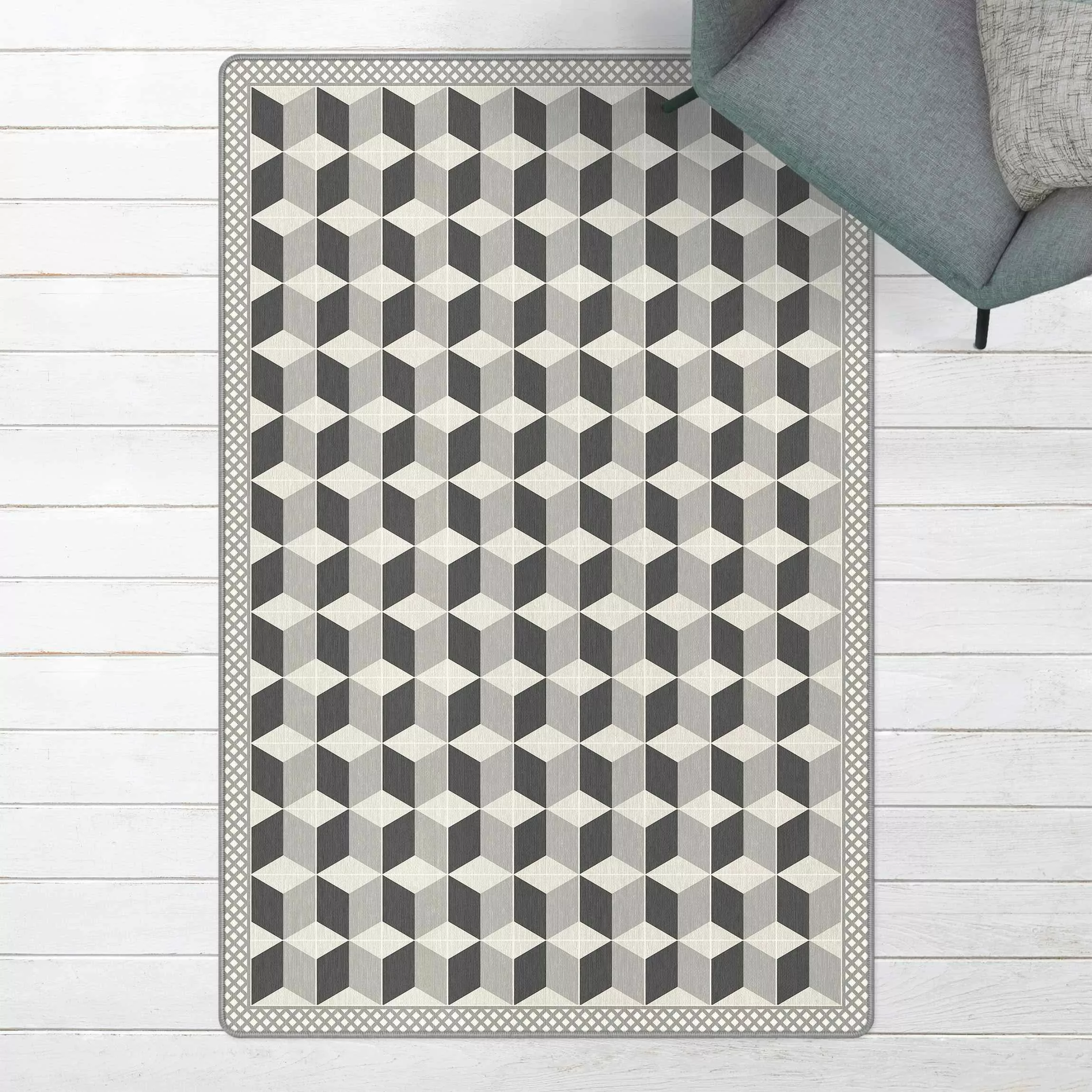 Teppich Geometrische Fliesen Stufenillusion in Grau mit Bordüre günstig online kaufen