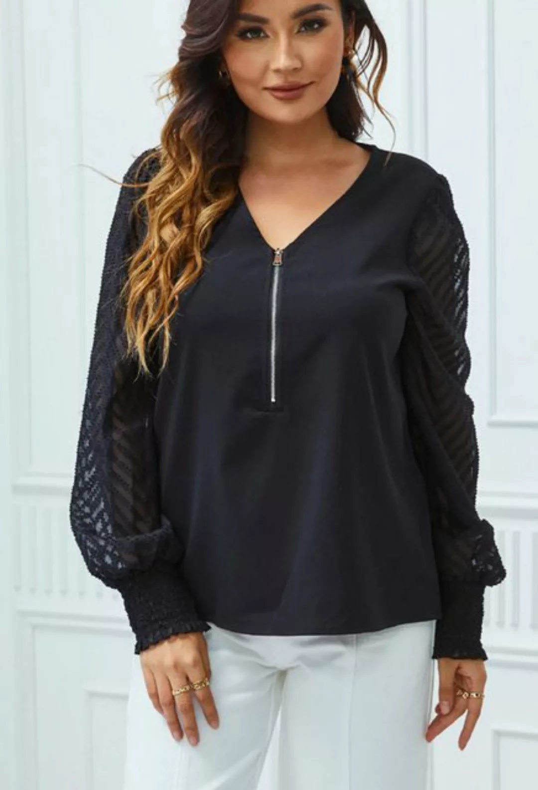 CHENIN Langarmhemd Damen Bubble Sleeve V-Neck Zip Shirt Lässige einfarbige günstig online kaufen