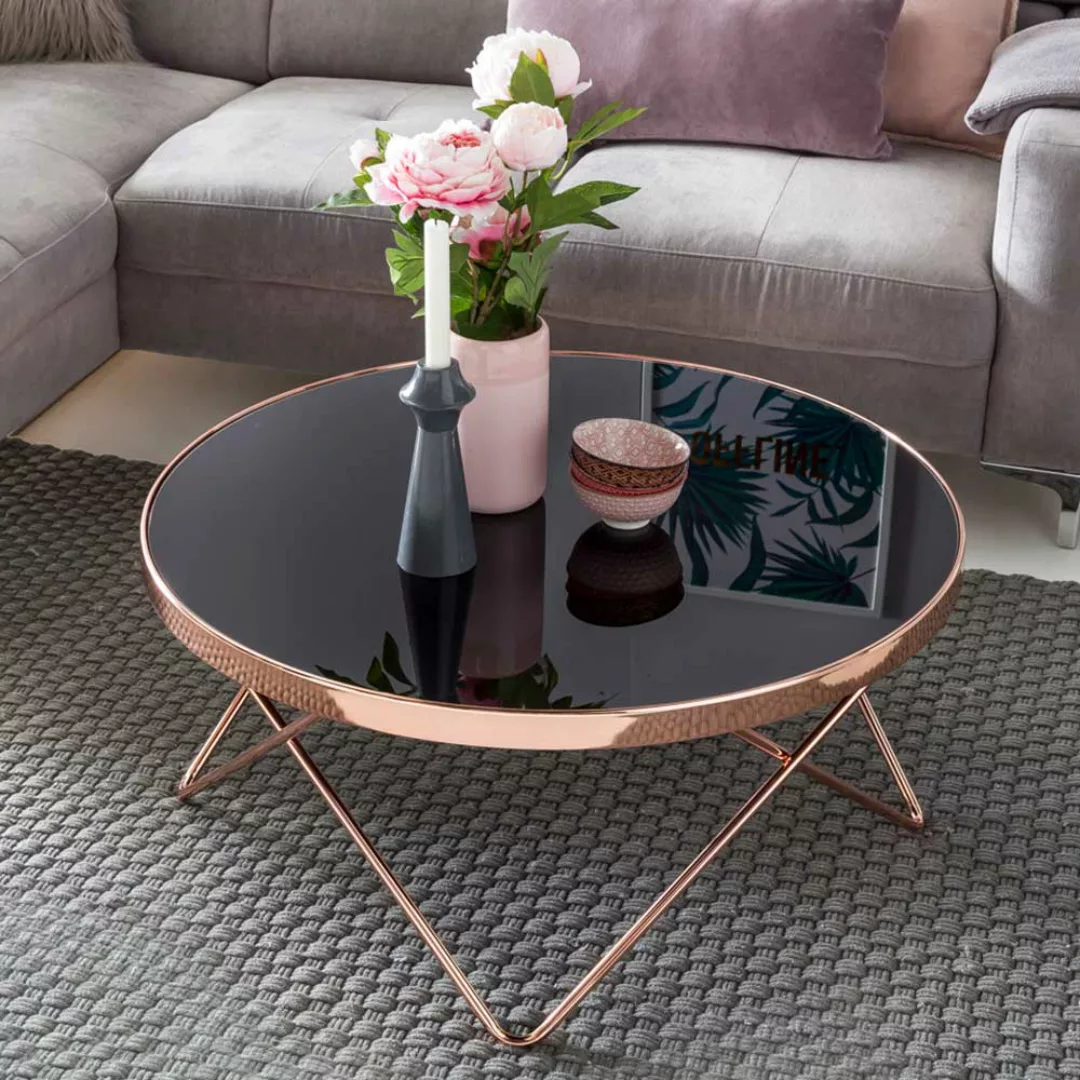 Eleganter Sofa Tisch aus Sicherheitsglas und Metall Schwarz und Kupfer günstig online kaufen