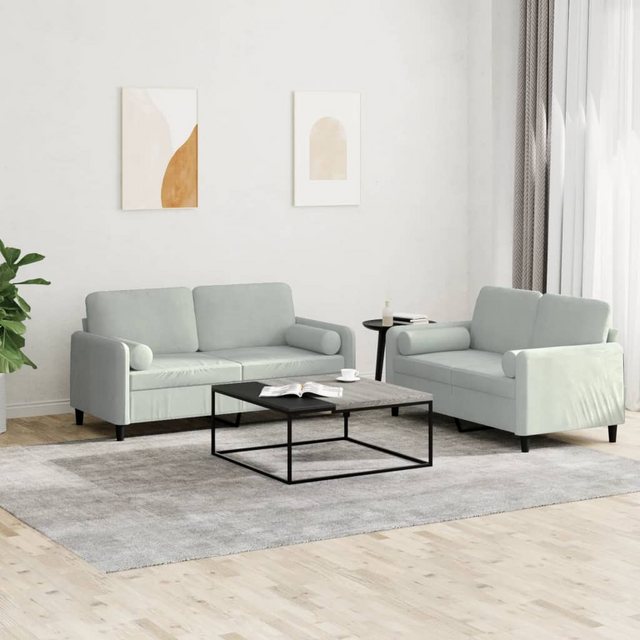 vidaXL Sofa 2-tlg. Sofagarnitur mit Kissen Hellgrau Samt günstig online kaufen