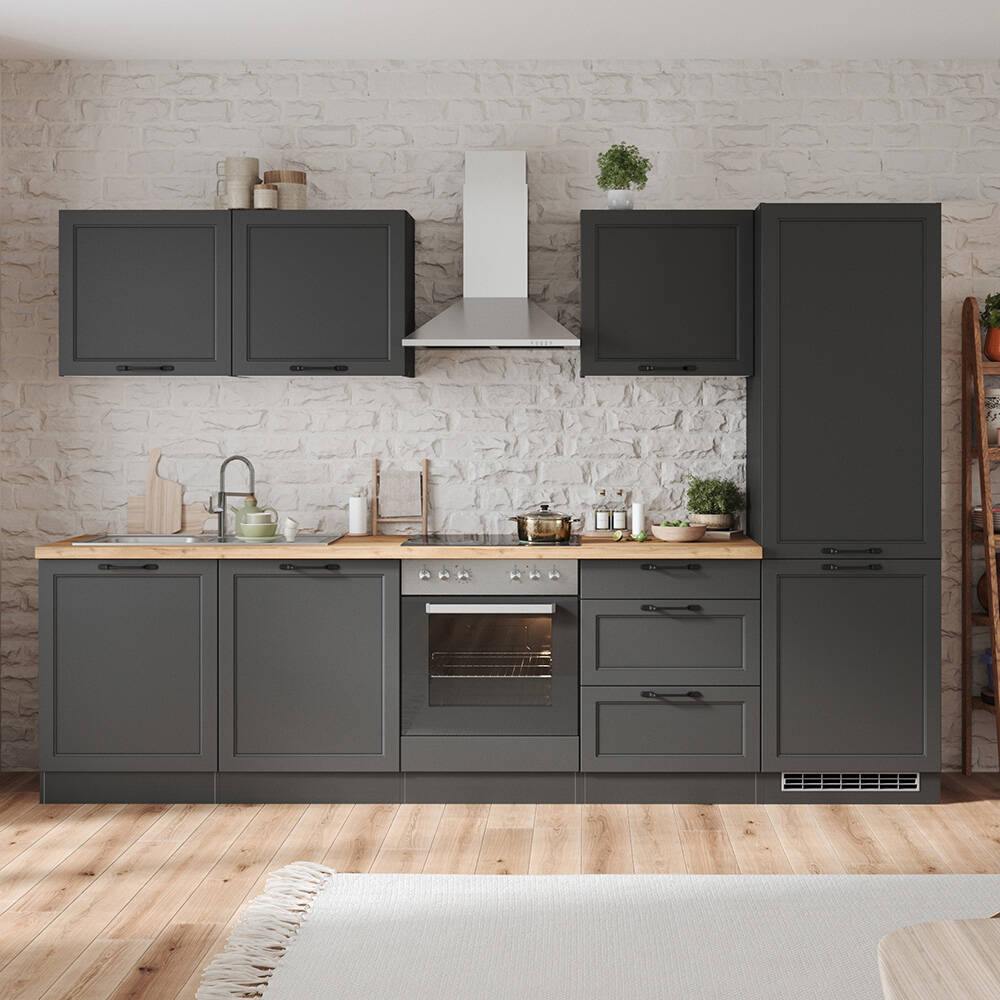 Küchenzeile 300 cm mit E-Geräten in grau, Arbeitsplatte in Eiche, MONTERREY günstig online kaufen