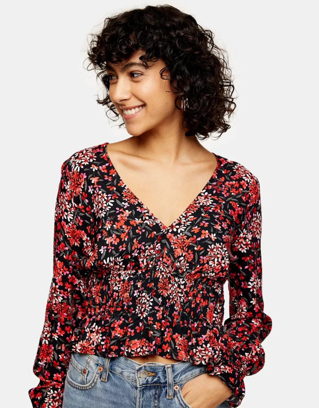 Topshop – Bluse mit Raffung und buntem Blumenmuster-Mehrfarbig günstig online kaufen