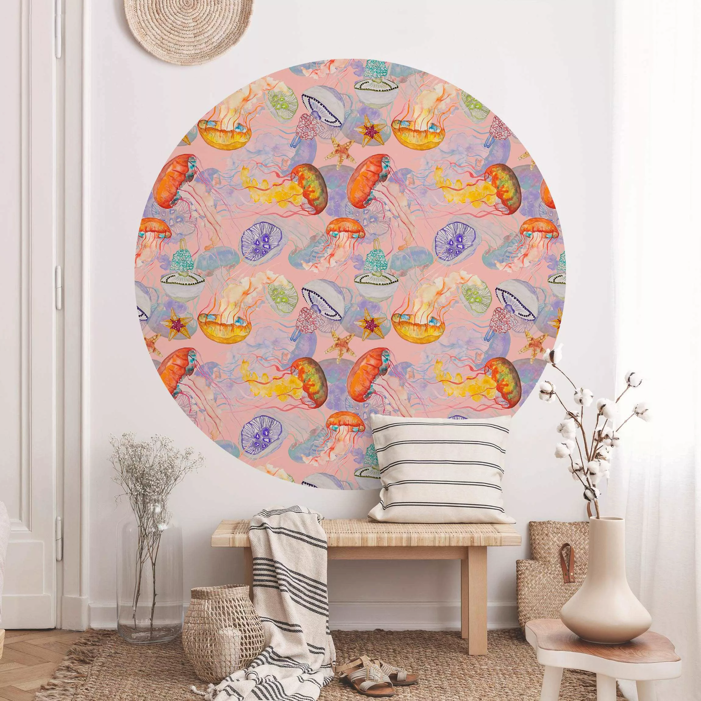 Runde Tapete selbstklebend Farbenfrohe Quallen auf Rosa günstig online kaufen