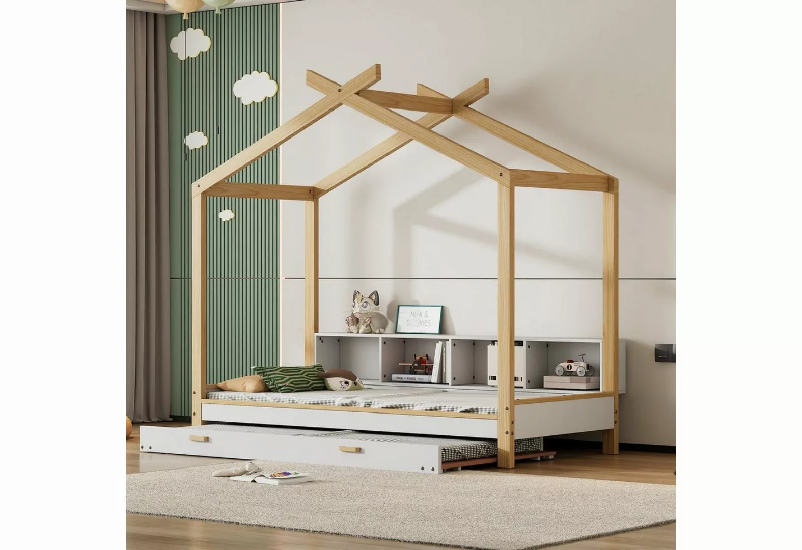 Flieks Massivholzbett, Hausbett Kinderbett Einzelbett 90x200cm mit Ausziehb günstig online kaufen