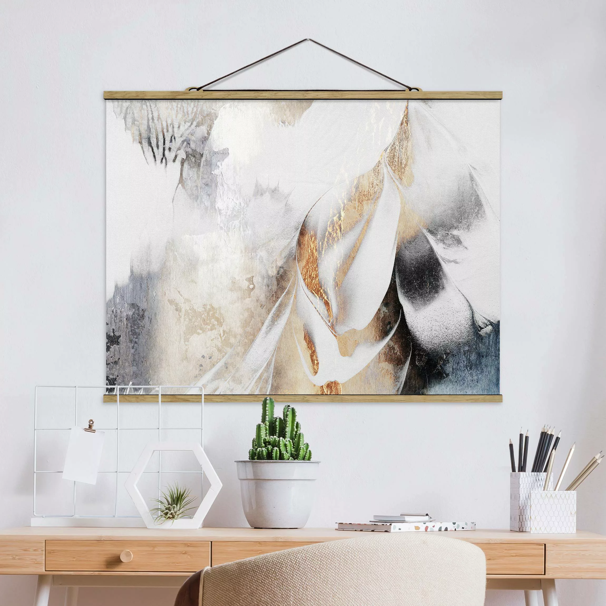 Stoffbild Abstrakt mit Posterleisten - Querformat Goldene abstrakte Winterm günstig online kaufen