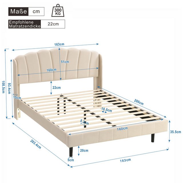 SeedWave Polsterbett Polsterbett aus Samt mit Sensor-LED-Licht, 140x200/160 günstig online kaufen