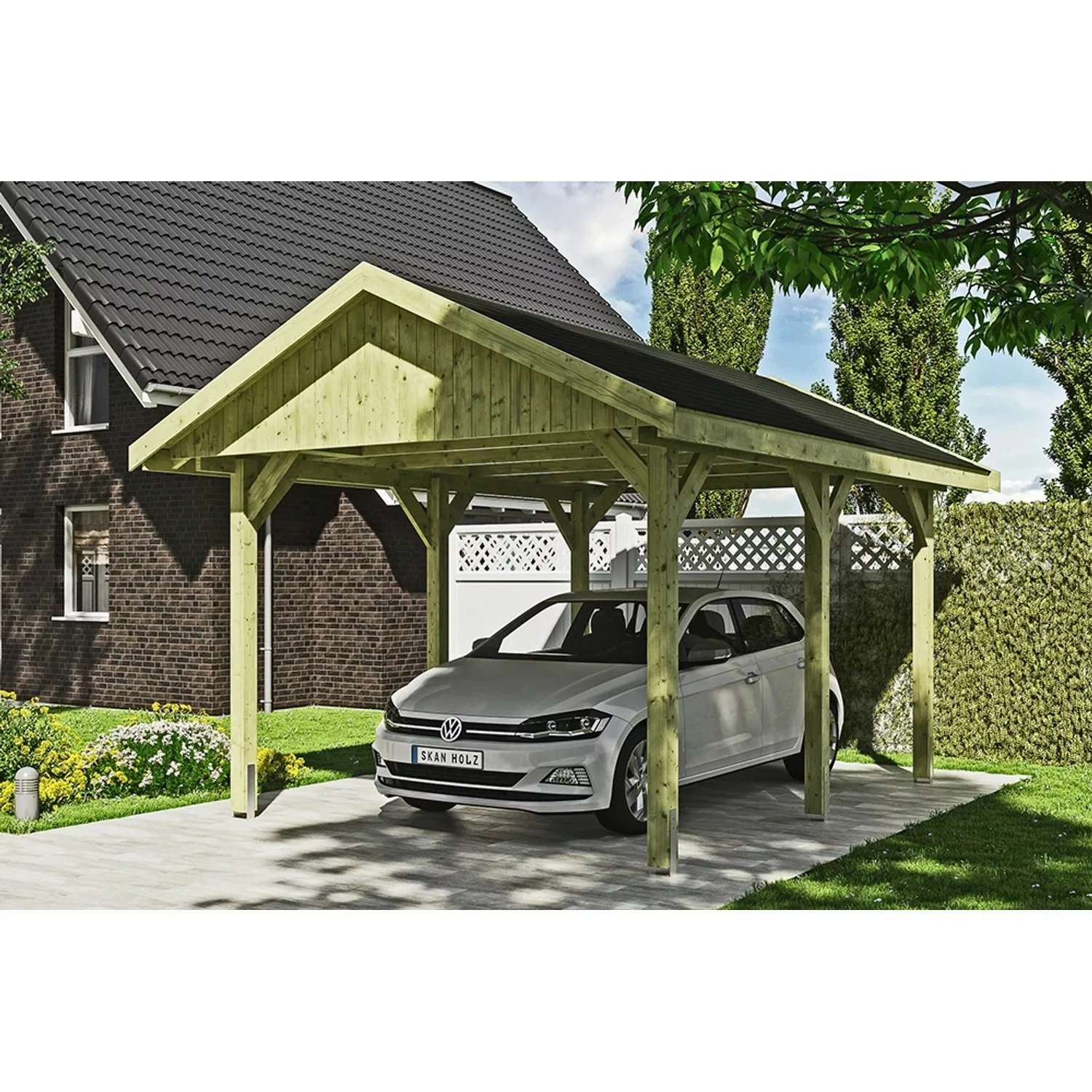 Satteldach-Carport Wallgau Grün 380 x 500 cm schwarze Schindeln günstig online kaufen