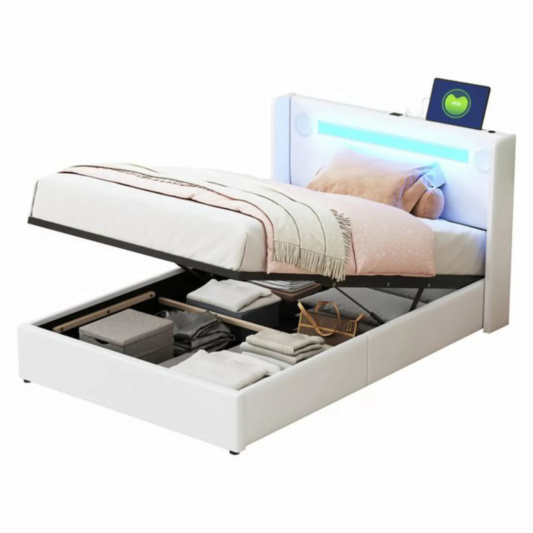 Flieks Polsterbett, LED Beleuchtung/Bluetooth/USB-Aufladen Doppelbett 140x2 günstig online kaufen