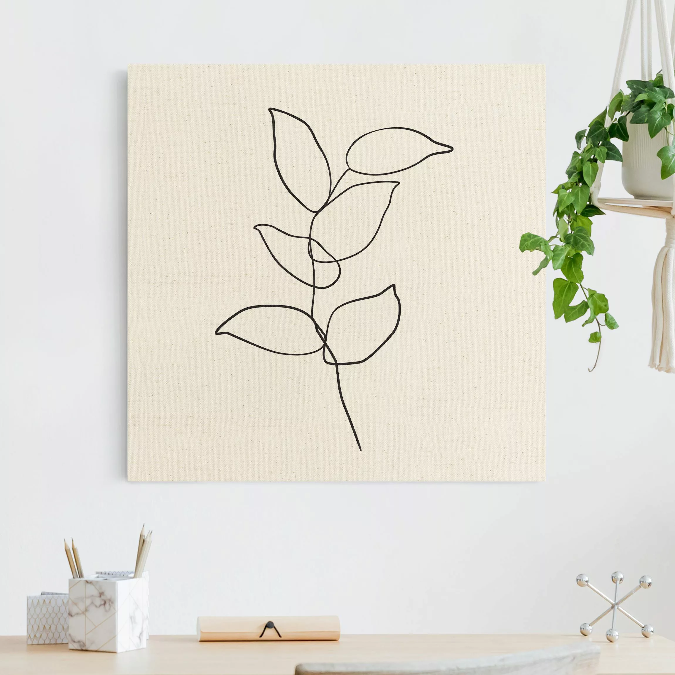 Leinwandbild auf Naturcanvas Line Art Zweig Schwarz Weiß günstig online kaufen