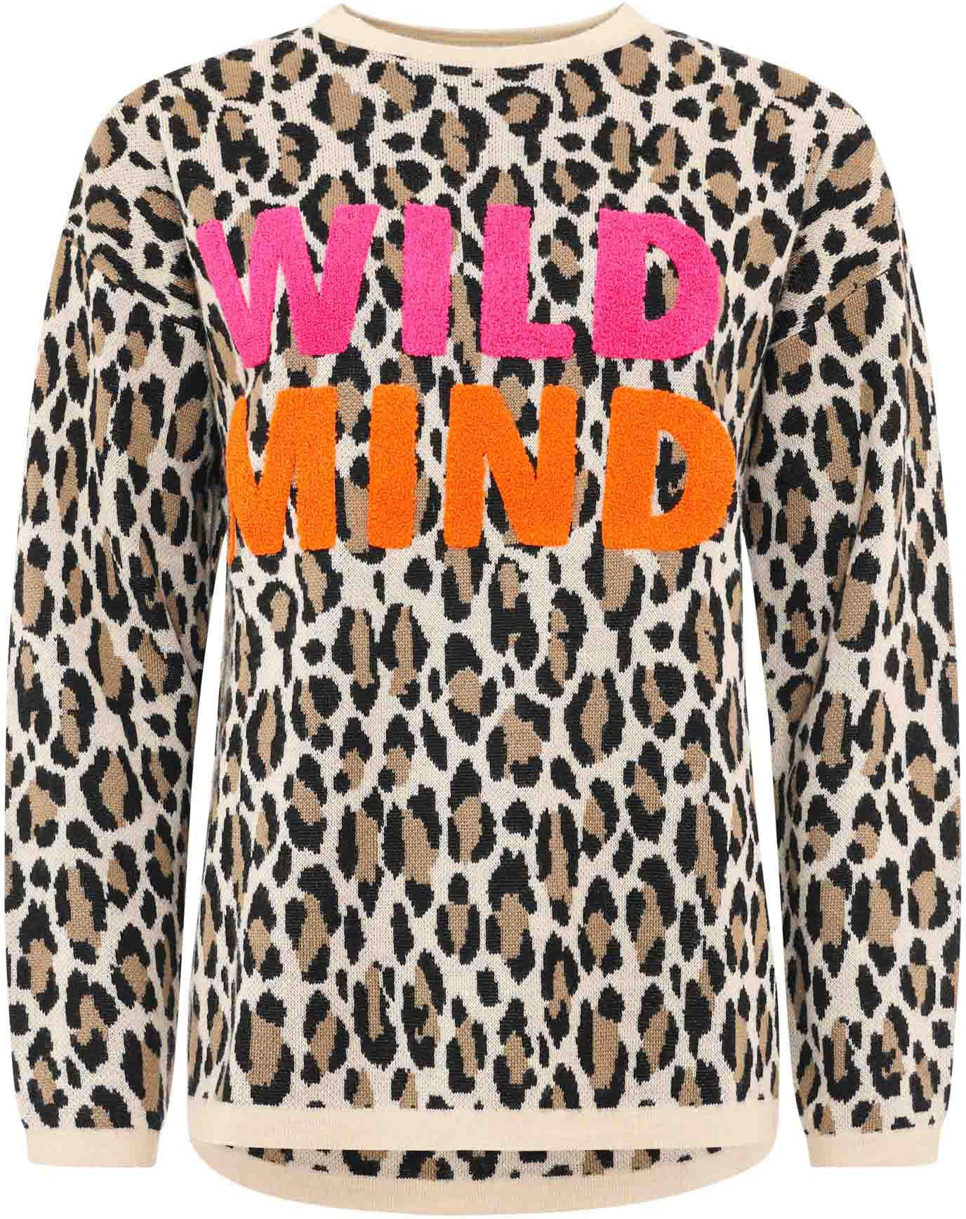 Zwillingsherz Rundhalspullover "Leo-Wild Mind" Animal-Muster, Neon-Schriftz günstig online kaufen