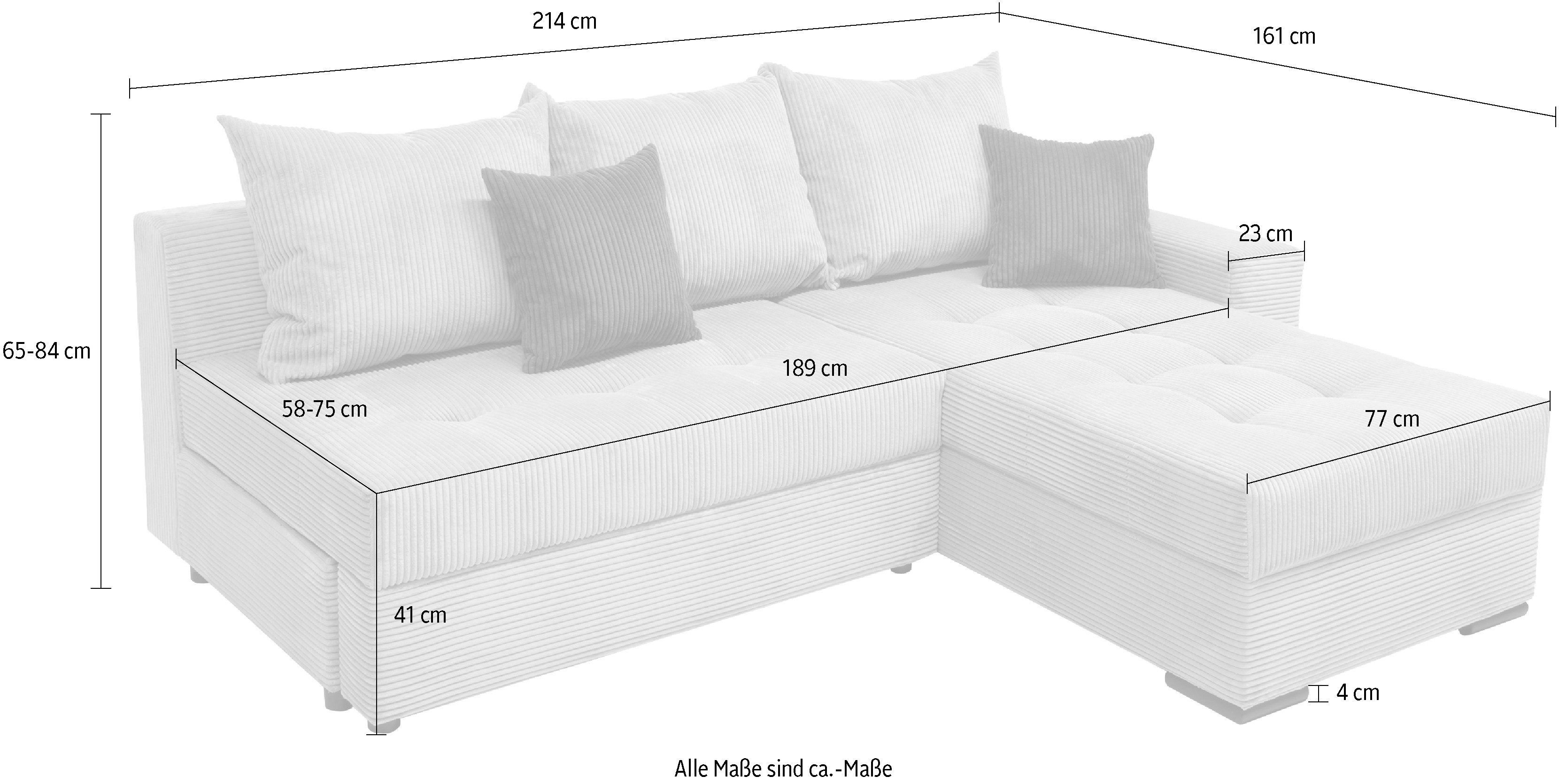 COLLECTION AB Ecksofa "Josy L-Form, Breite 214 cm, mit 3 großen Rückenkisse günstig online kaufen