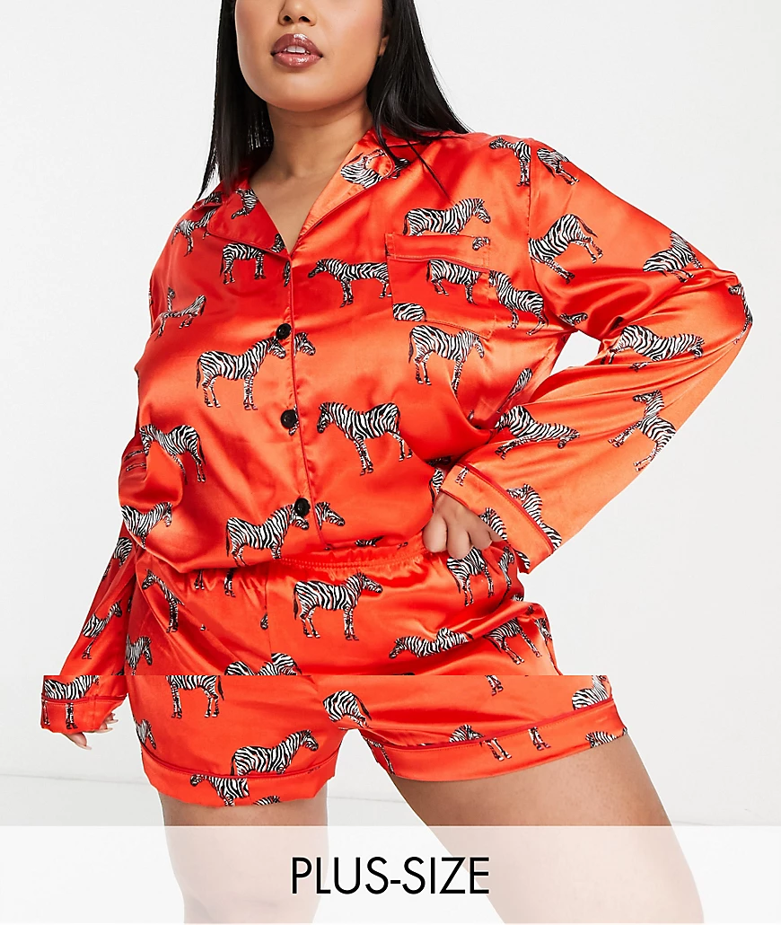 Night – 5-teiliges Satin-Pyjama-Geschenkset in Rot mit Zebramuster günstig online kaufen