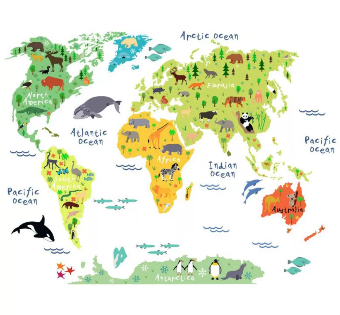 Wall-Art Wandtattoo "Tiere Weltkarte Englisch", (1 St.), selbstklebend, ent günstig online kaufen