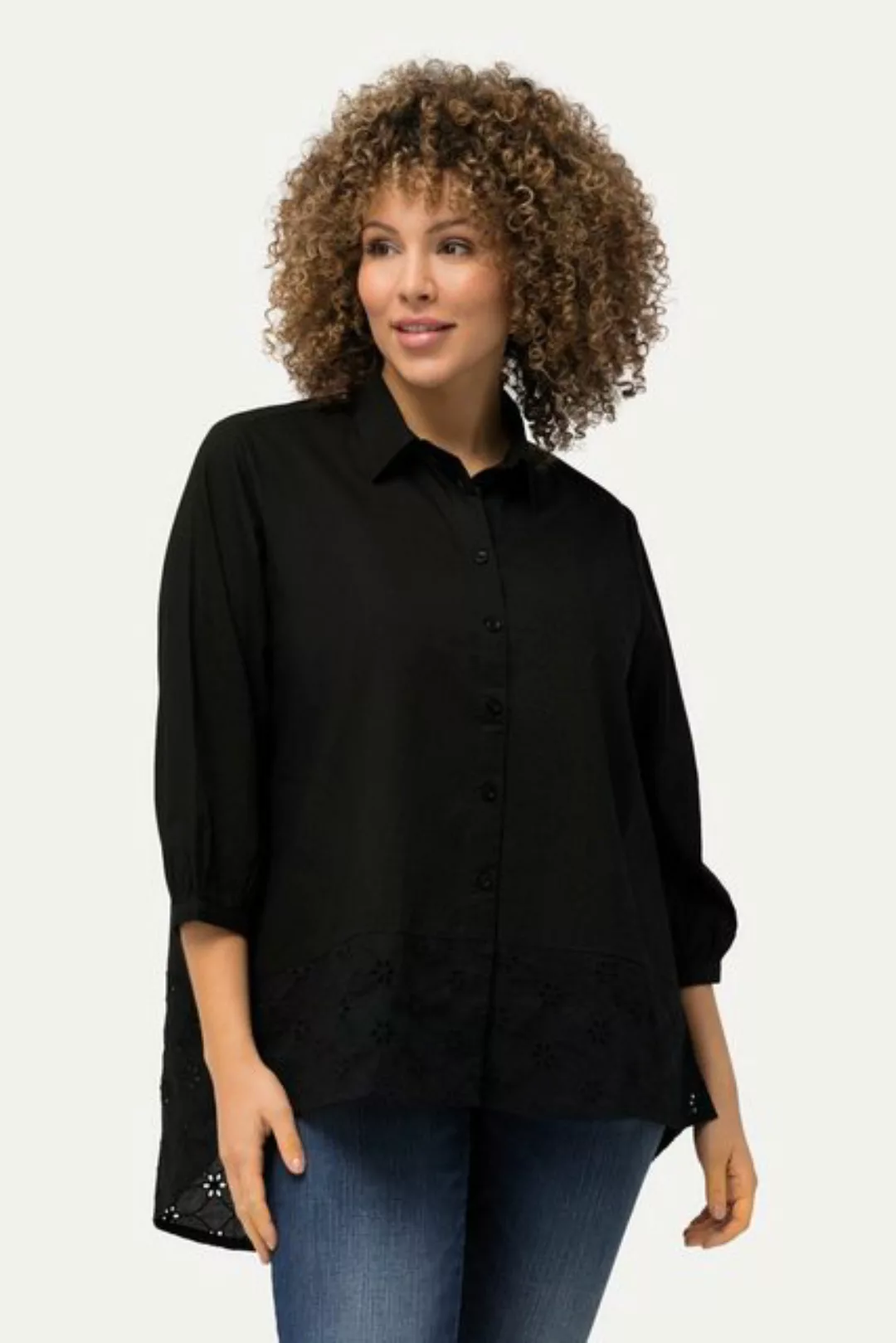 Ulla Popken Satinbluse Bluse Spitzen-Schößchen Hemdkragen 3/4-Arm günstig online kaufen