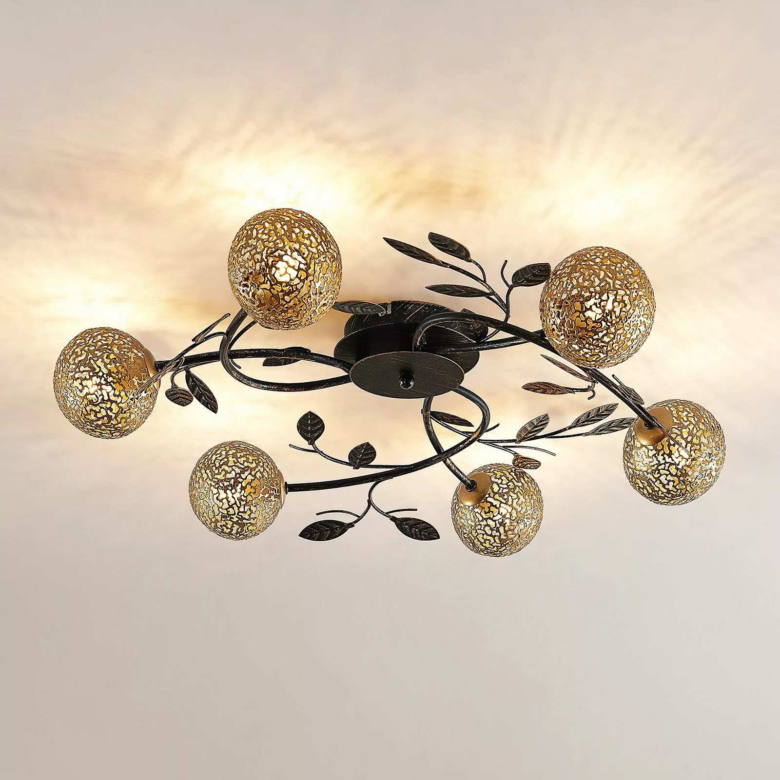 Lucande Deckenlampe Evory, Ø 69 cm, 6-flg., schwarz/gold, G9 günstig online kaufen