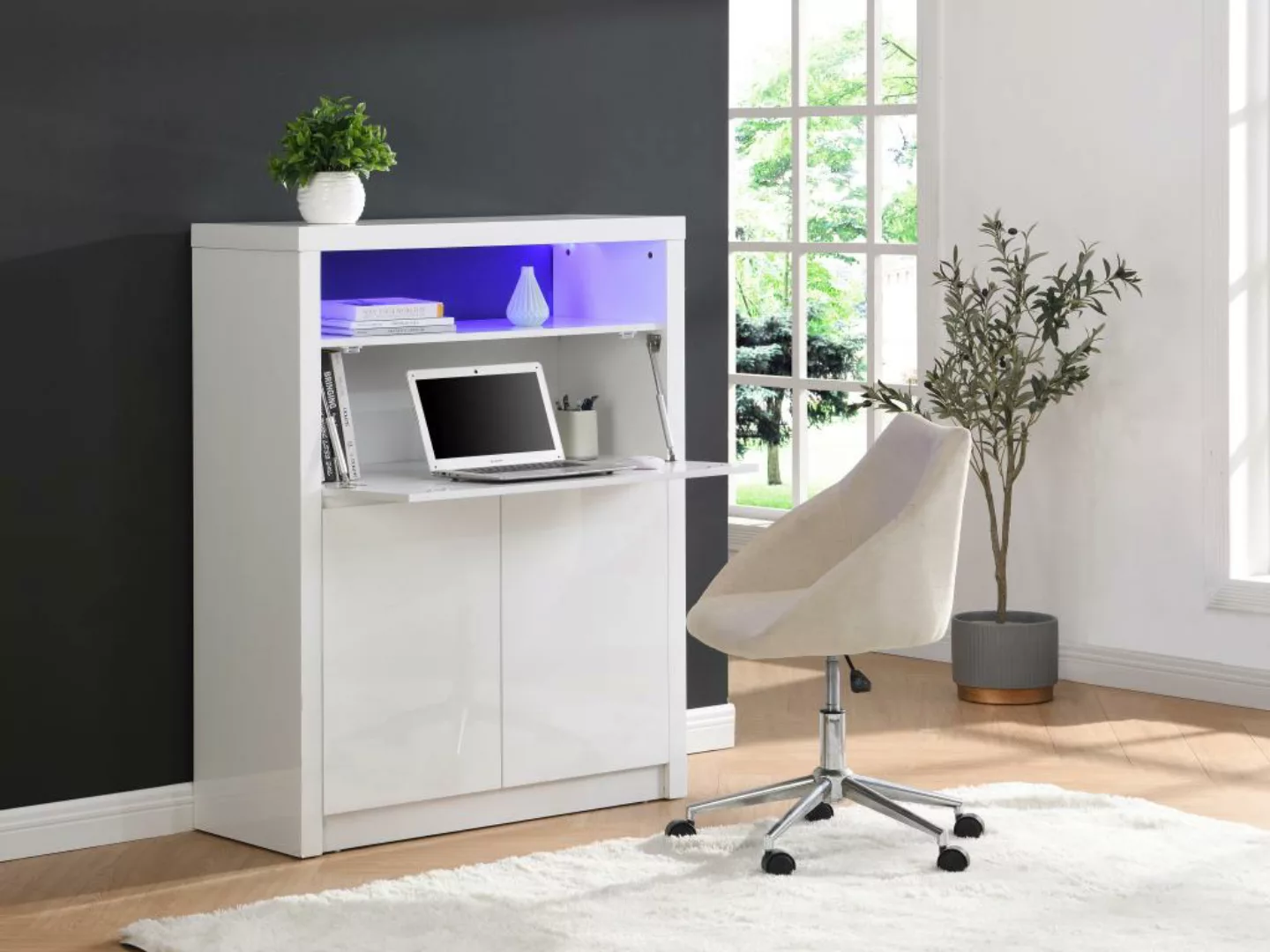 Schreibtisch mit 2 Türen & LEDs - MDF - Weiß lackiert - MELIONA günstig online kaufen